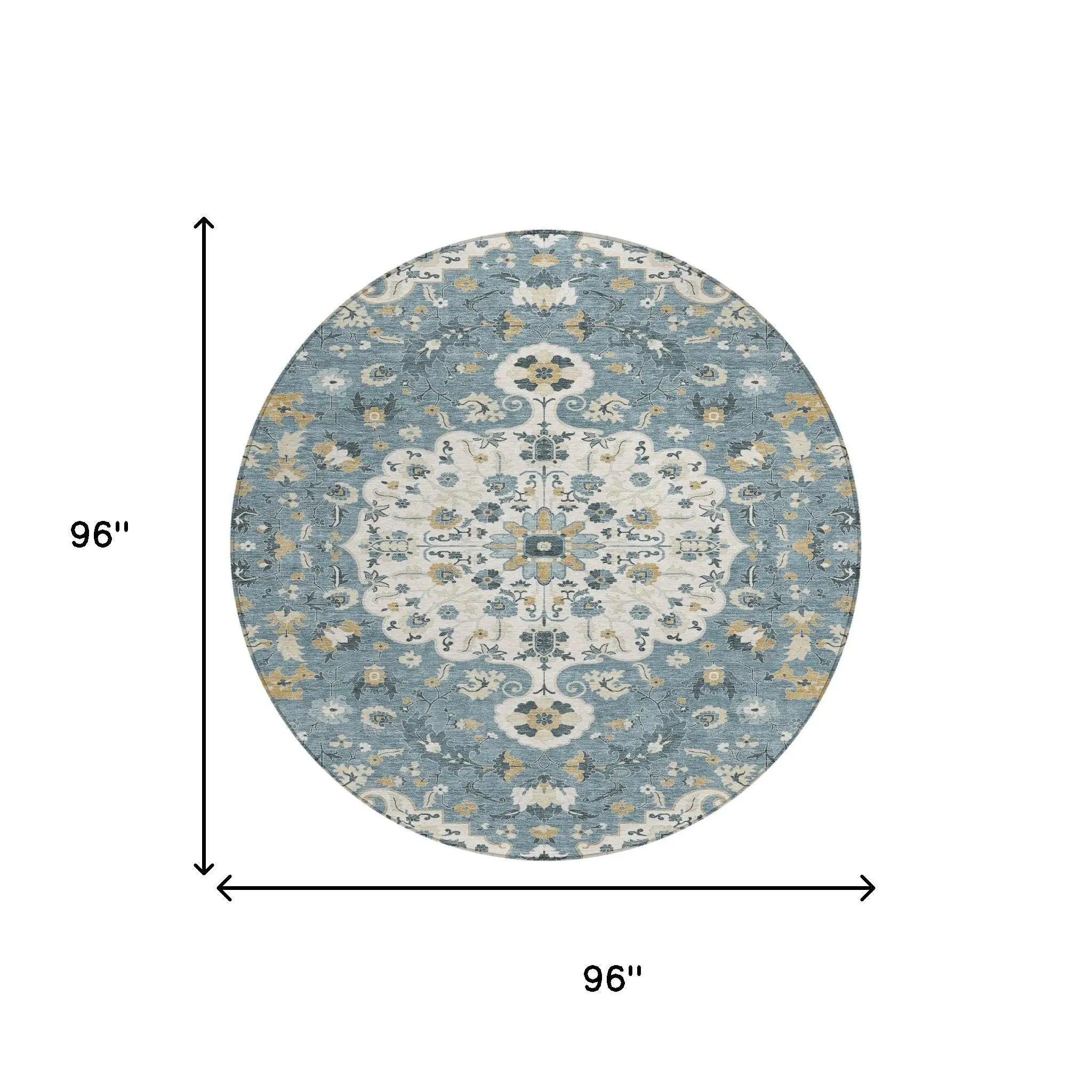 8' Ivory And Denim Blue Round Floral Medallion Washable Indoor Outdoor Area Rug Homeroots Outdoor