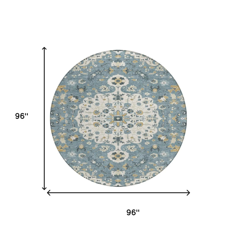 8' Ivory And Denim Blue Round Floral Medallion Washable Indoor Outdoor Area Rug Homeroots Outdoor
