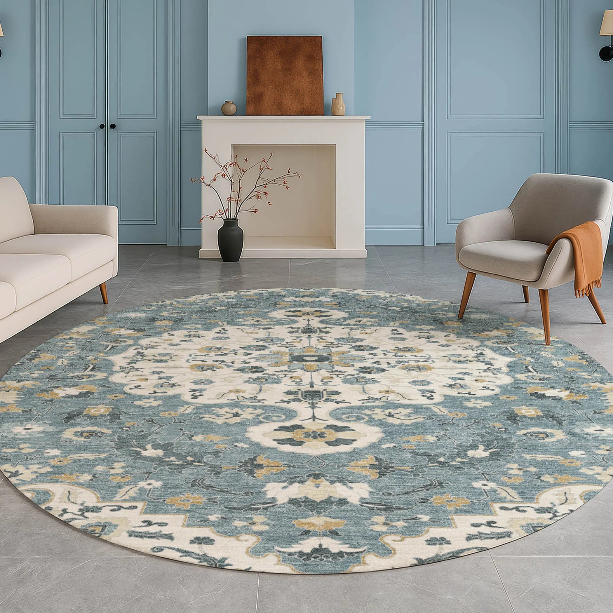 8' Ivory And Denim Blue Round Floral Medallion Washable Indoor Outdoor Area Rug Homeroots Outdoor