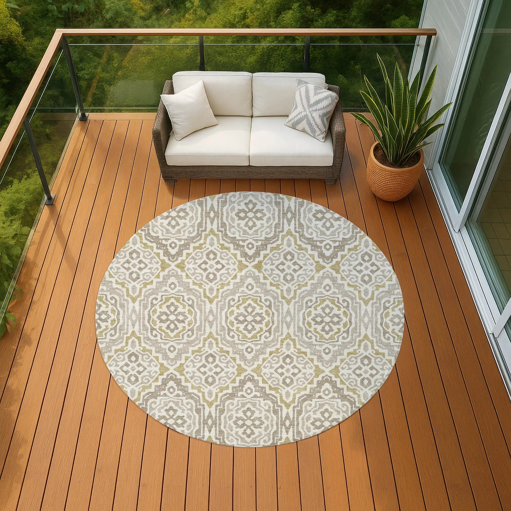 8' Ivory And Denim Blue Round Tribal Washable Indoor Outdoor Area Rug Homeroots Outdoor