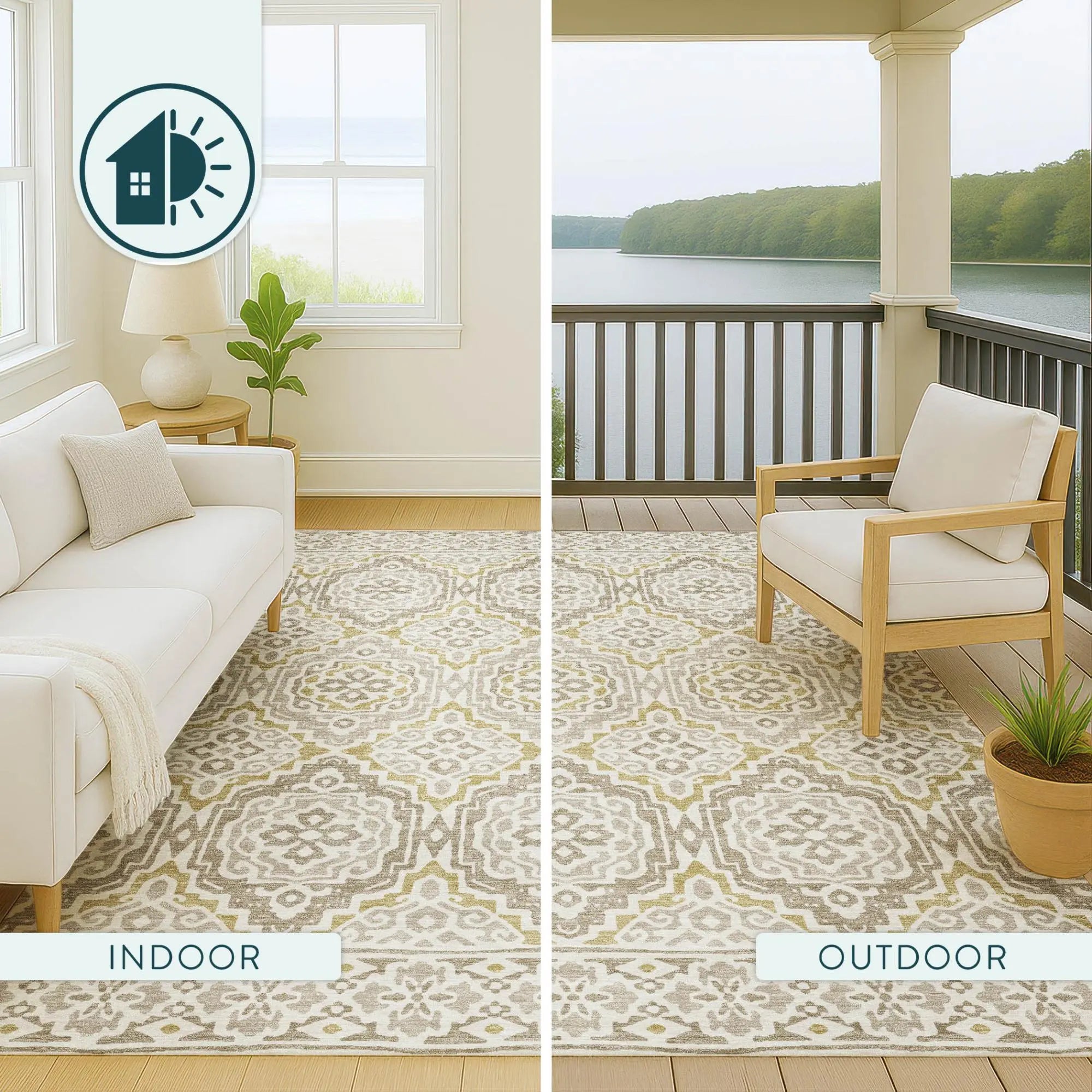 8' Ivory And Denim Blue Round Tribal Washable Indoor Outdoor Area Rug Homeroots Outdoor