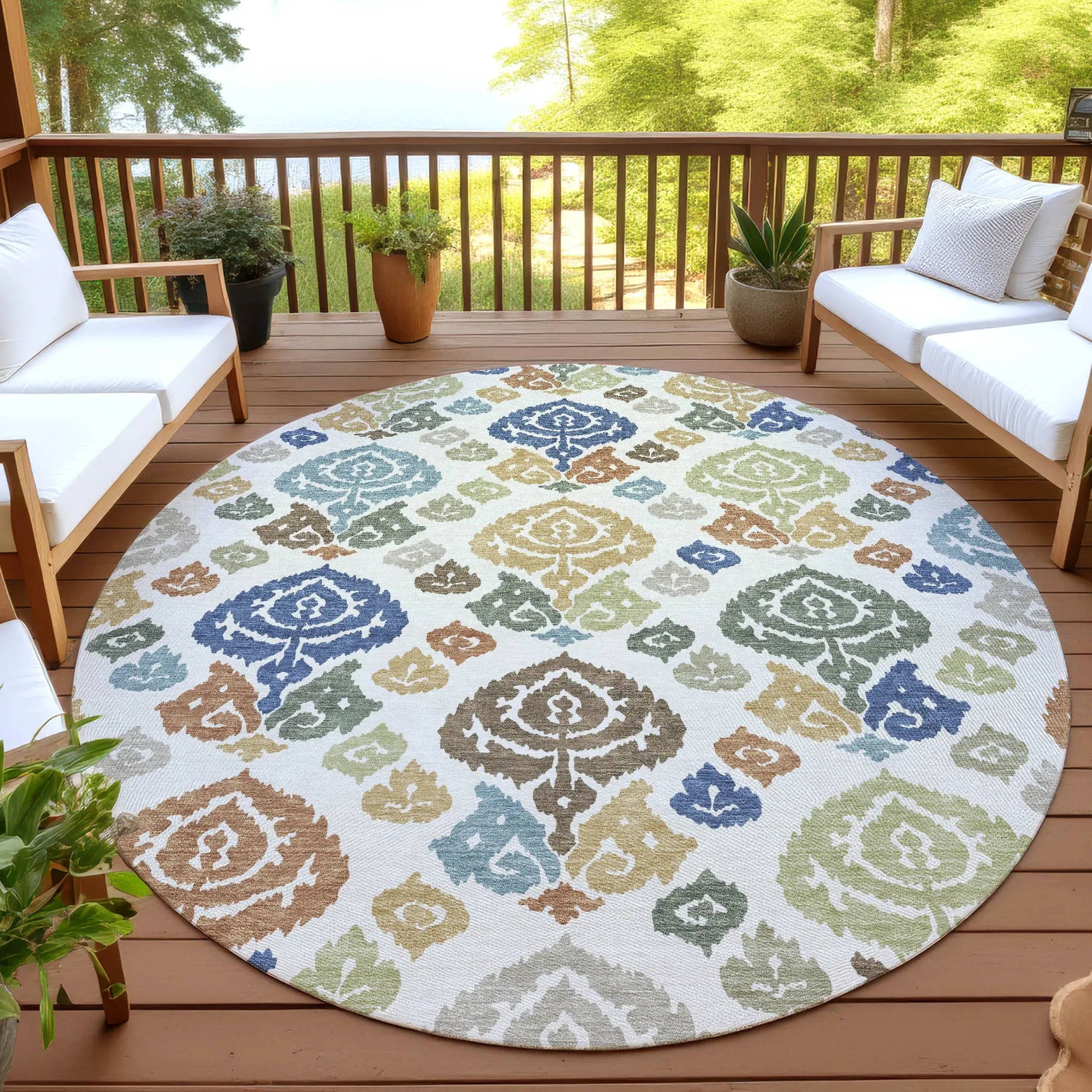 8' Ivory And Gold Round Damask Washable Indoor Outdoor Area Rug Homeroots Outdoor