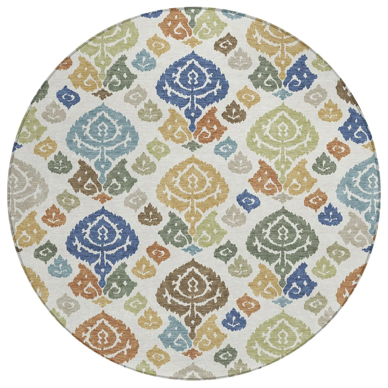 8' Ivory And Gold Round Damask Washable Indoor Outdoor Area Rug Homeroots Outdoor