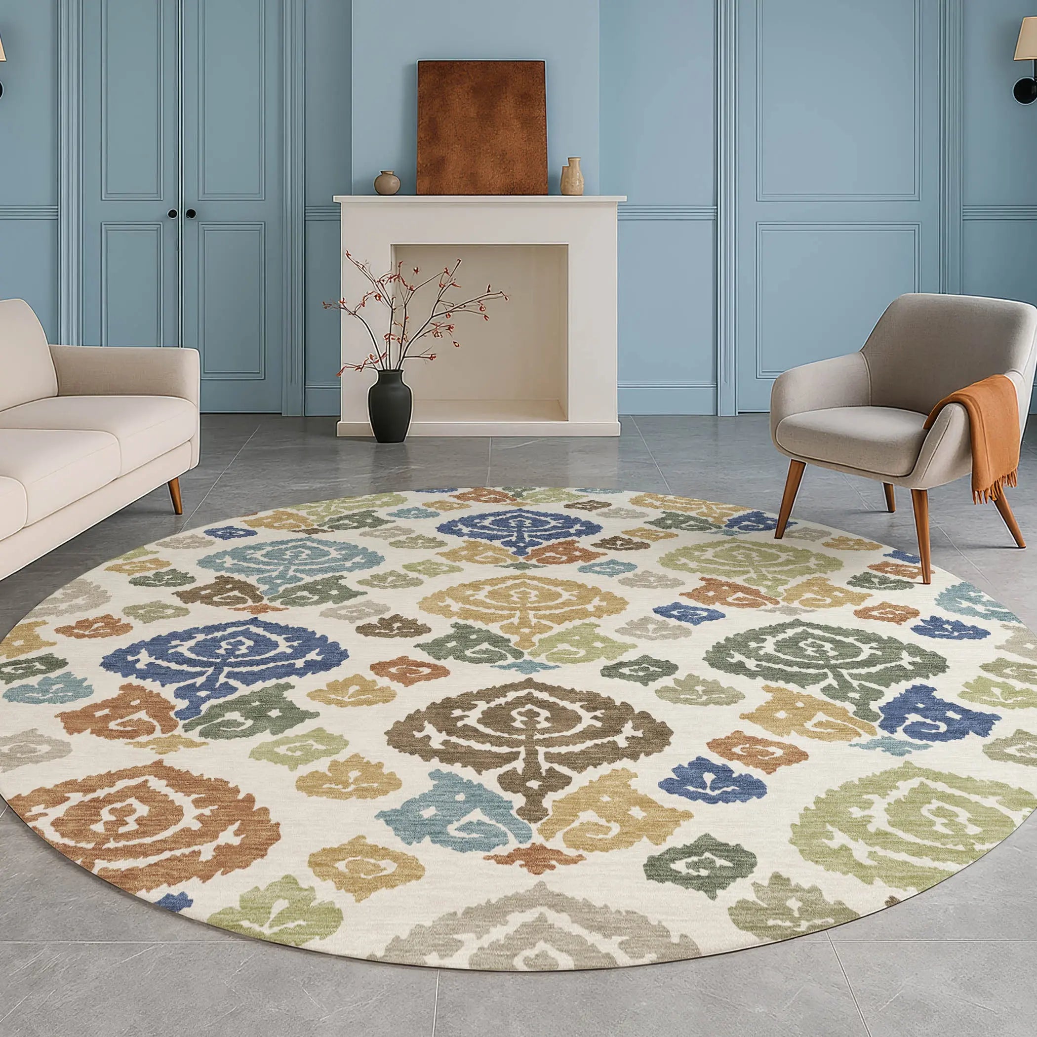 8' Ivory And Gold Round Damask Washable Indoor Outdoor Area Rug Homeroots Outdoor
