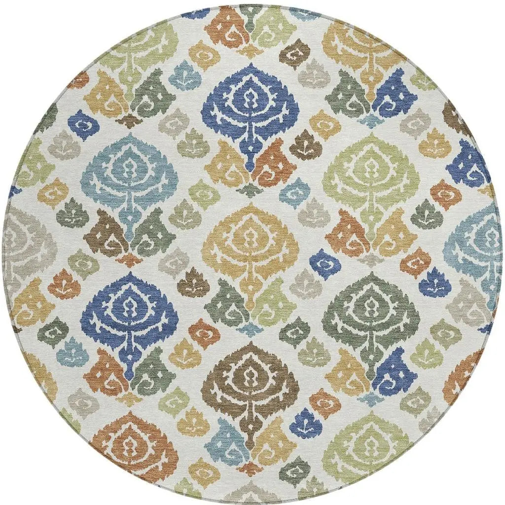 8' Ivory And Gold Round Damask Washable Indoor Outdoor Area Rug Homeroots Outdoor