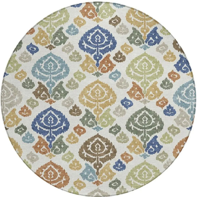 8' Ivory And Gold Round Damask Washable Indoor Outdoor Area Rug Homeroots Outdoor