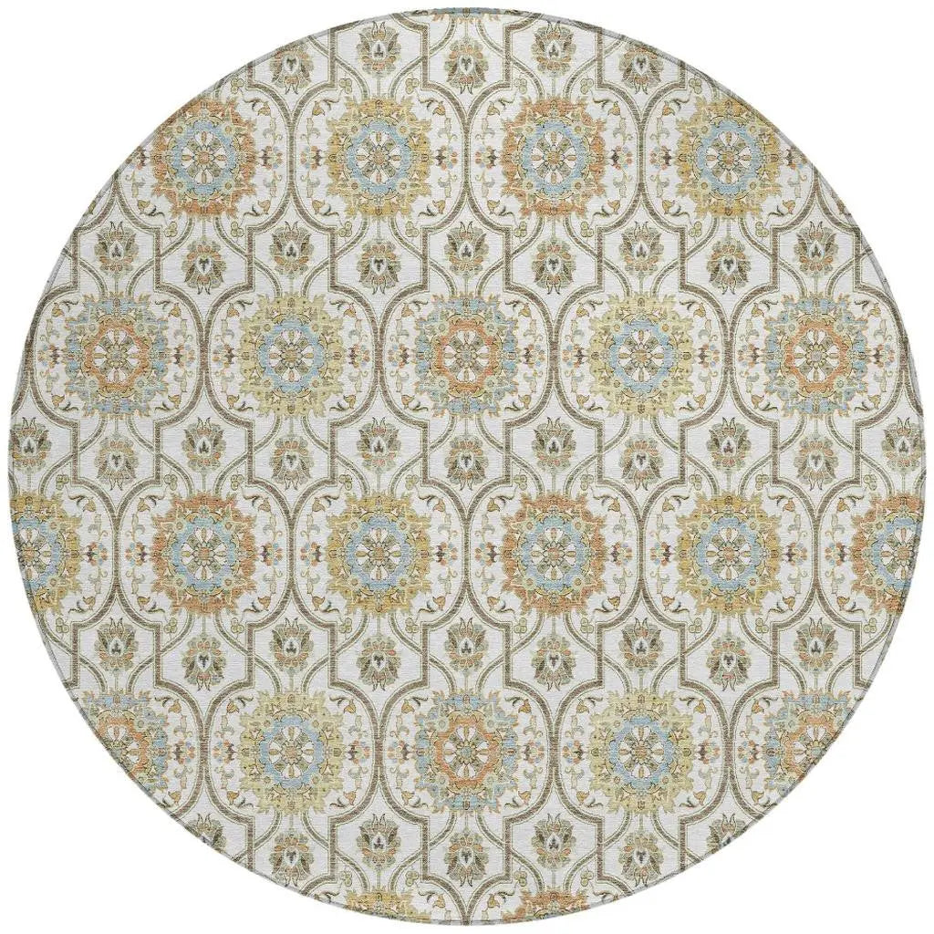 8' Ivory And Gold Round Floral Medallion Washable Indoor Outdoor Area Rug Homeroots Outdoor