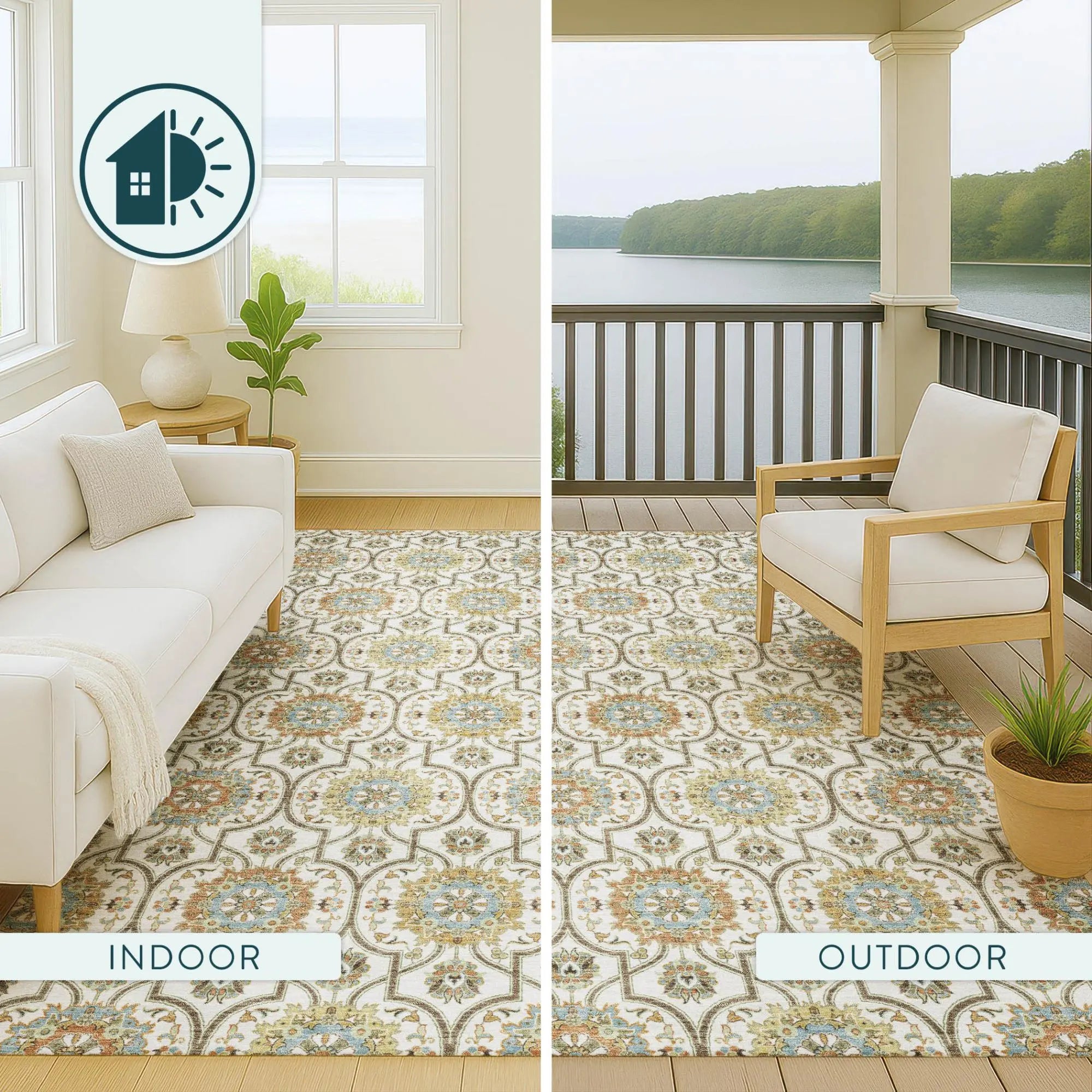 8' Ivory And Gold Round Floral Medallion Washable Indoor Outdoor Area Rug Homeroots Outdoor