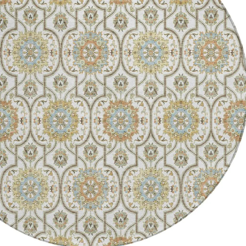 8' Ivory And Gold Round Floral Medallion Washable Indoor Outdoor Area Rug Homeroots Outdoor