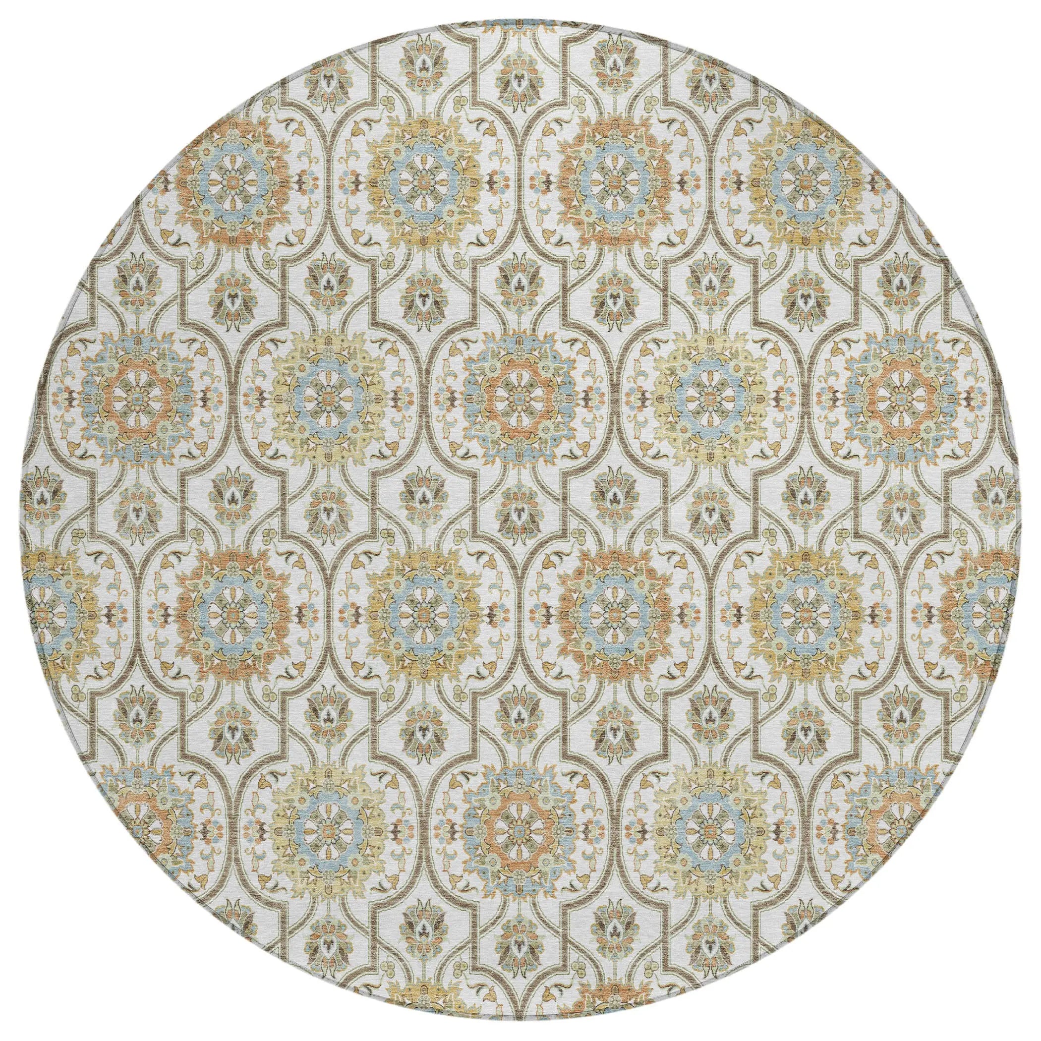 8' Ivory And Gold Round Floral Medallion Washable Indoor Outdoor Area Rug Homeroots Outdoor