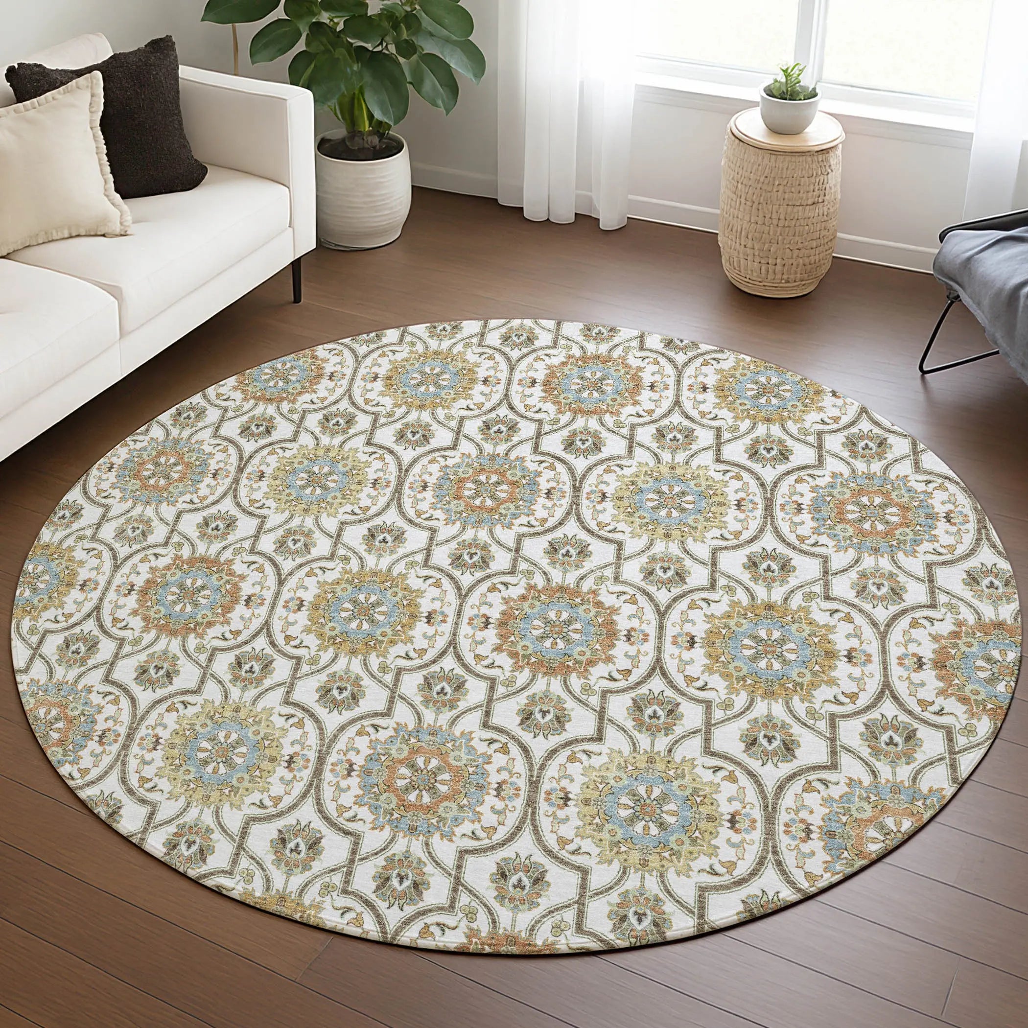8' Ivory And Gold Round Floral Medallion Washable Indoor Outdoor Area Rug Homeroots Outdoor