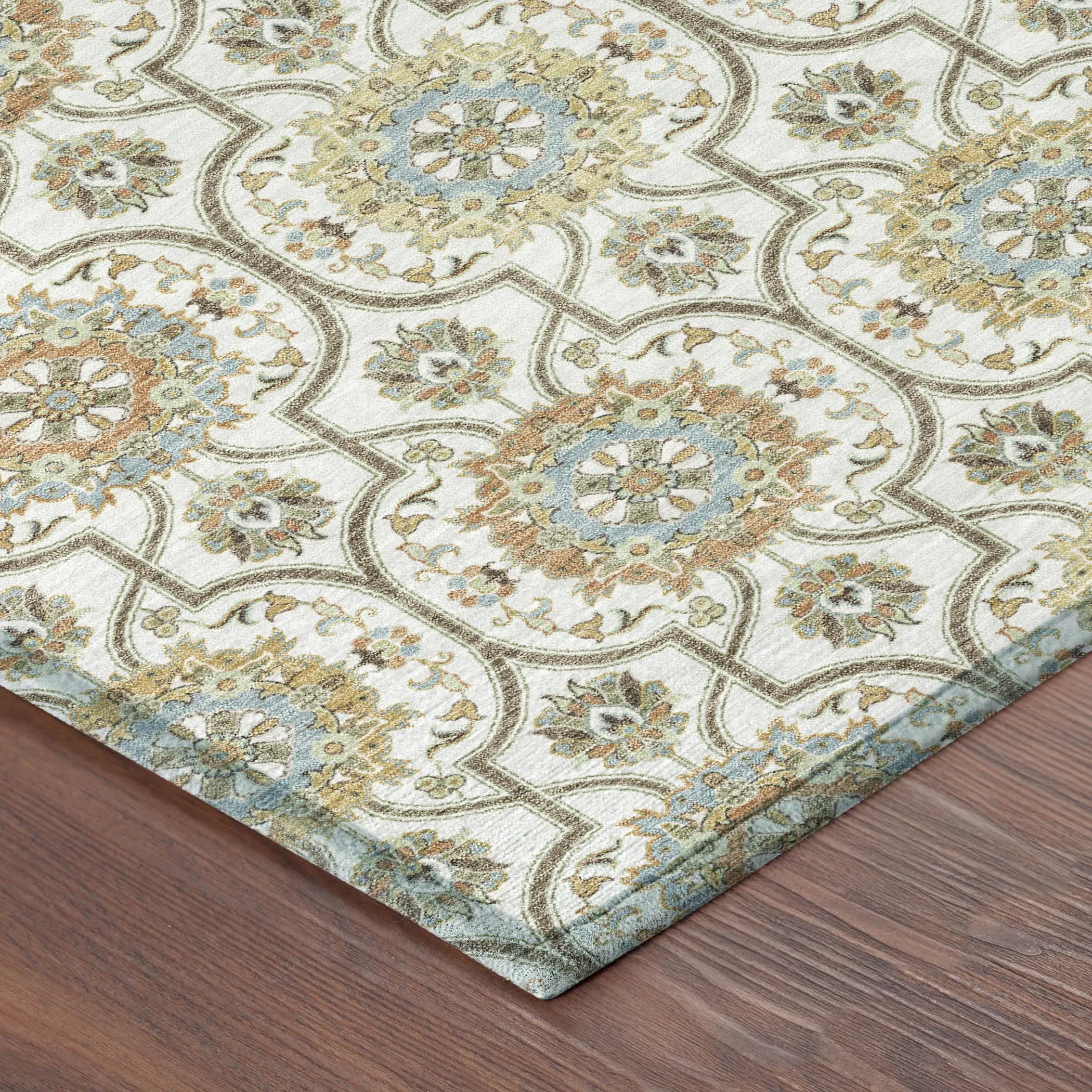 8' Ivory And Gold Round Floral Medallion Washable Indoor Outdoor Area Rug Homeroots Outdoor