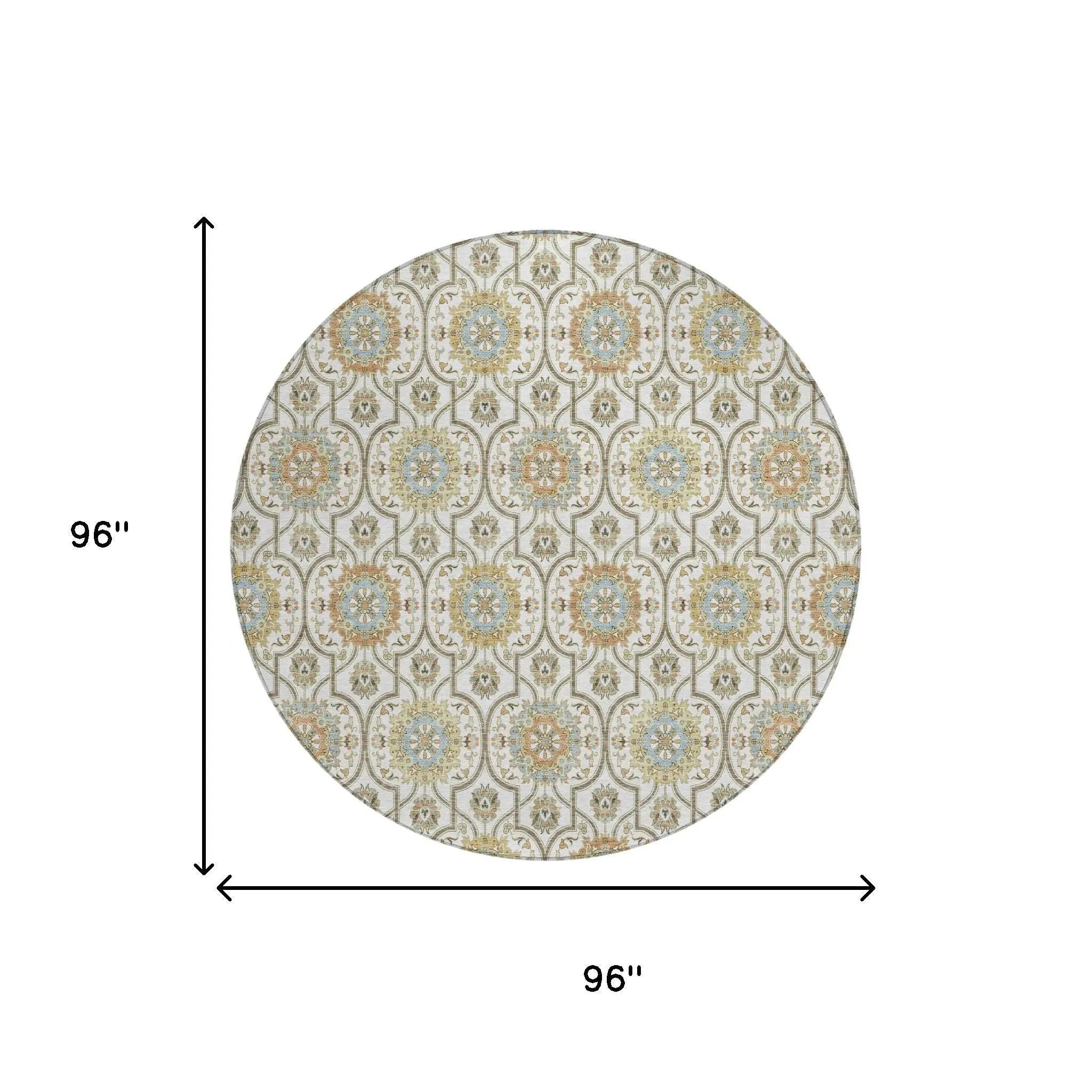 8' Ivory And Gold Round Floral Medallion Washable Indoor Outdoor Area Rug Homeroots Outdoor