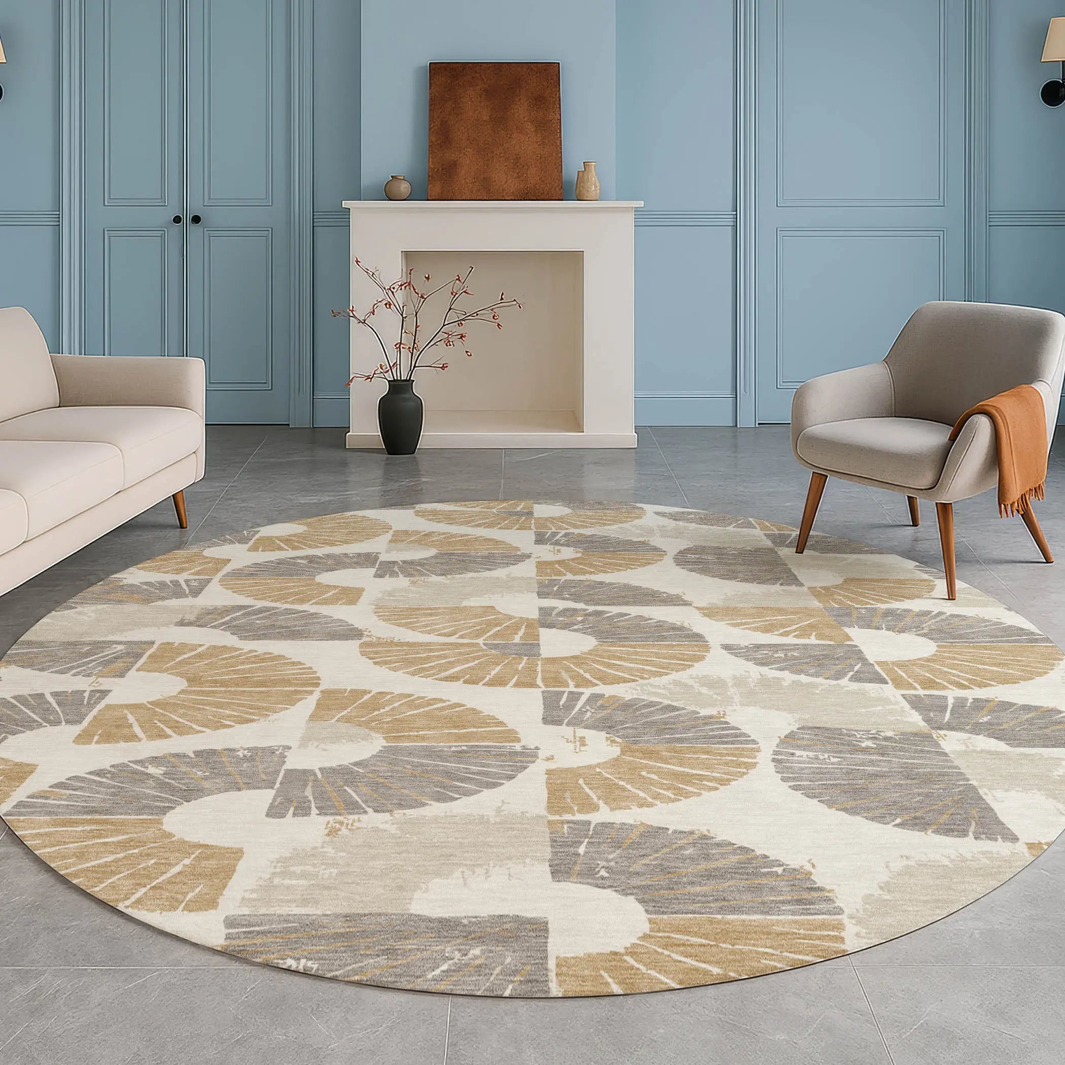 8' Ivory And Gold Round Geometric Washable Indoor Outdoor Area Rug Homeroots Outdoor
