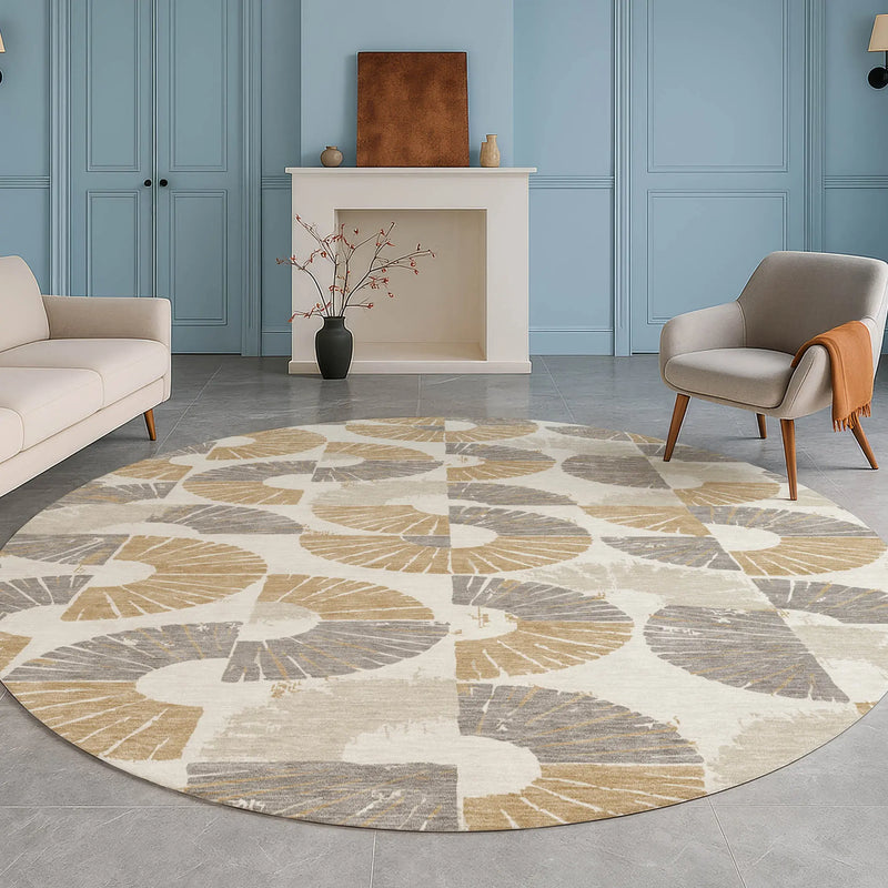 8' Ivory And Gold Round Geometric Washable Indoor Outdoor Area Rug Homeroots Outdoor