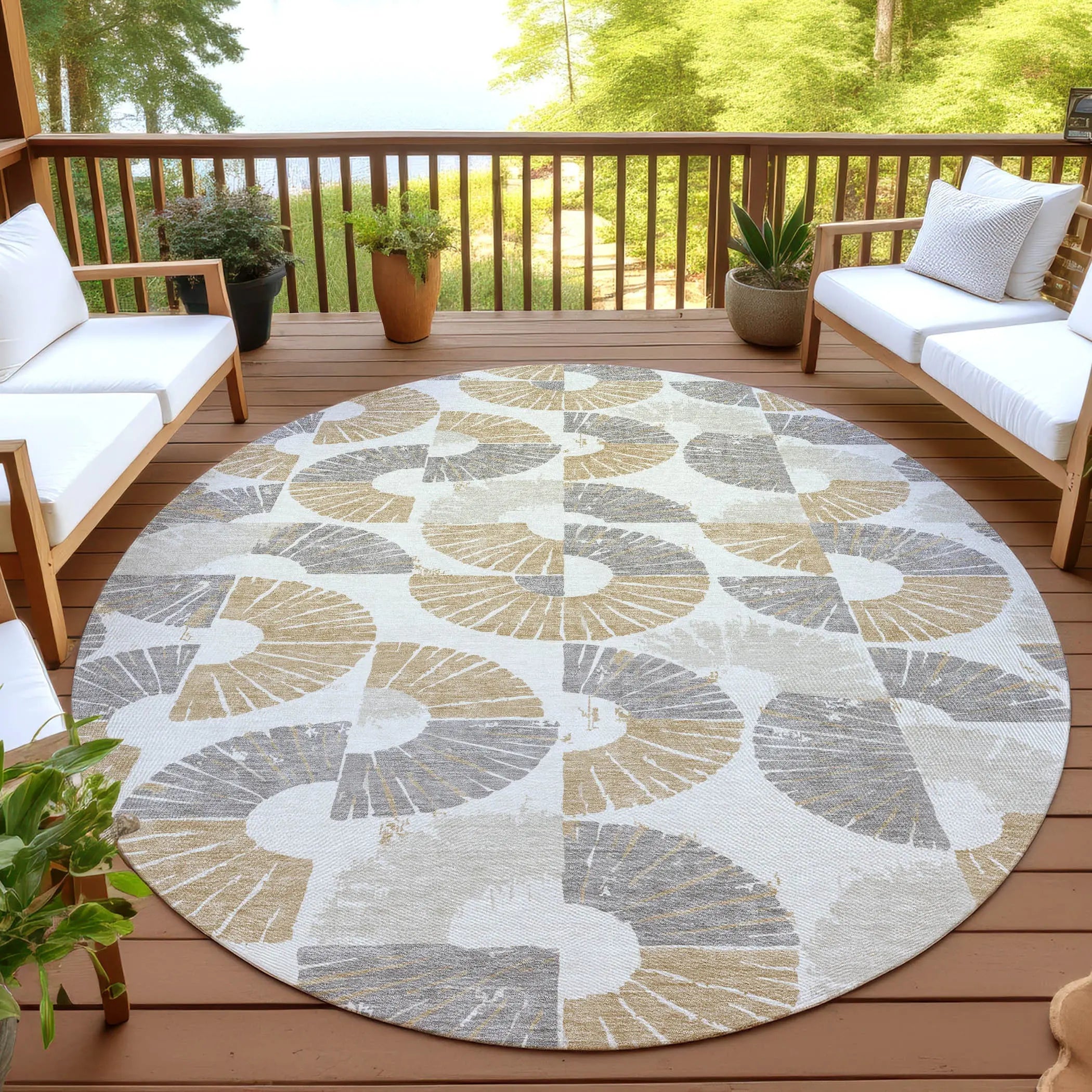 8' Ivory And Gold Round Geometric Washable Indoor Outdoor Area Rug Homeroots Outdoor