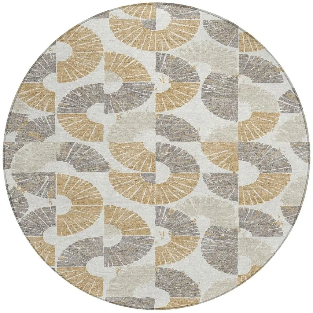 8' Ivory And Gold Round Geometric Washable Indoor Outdoor Area Rug Homeroots Outdoor