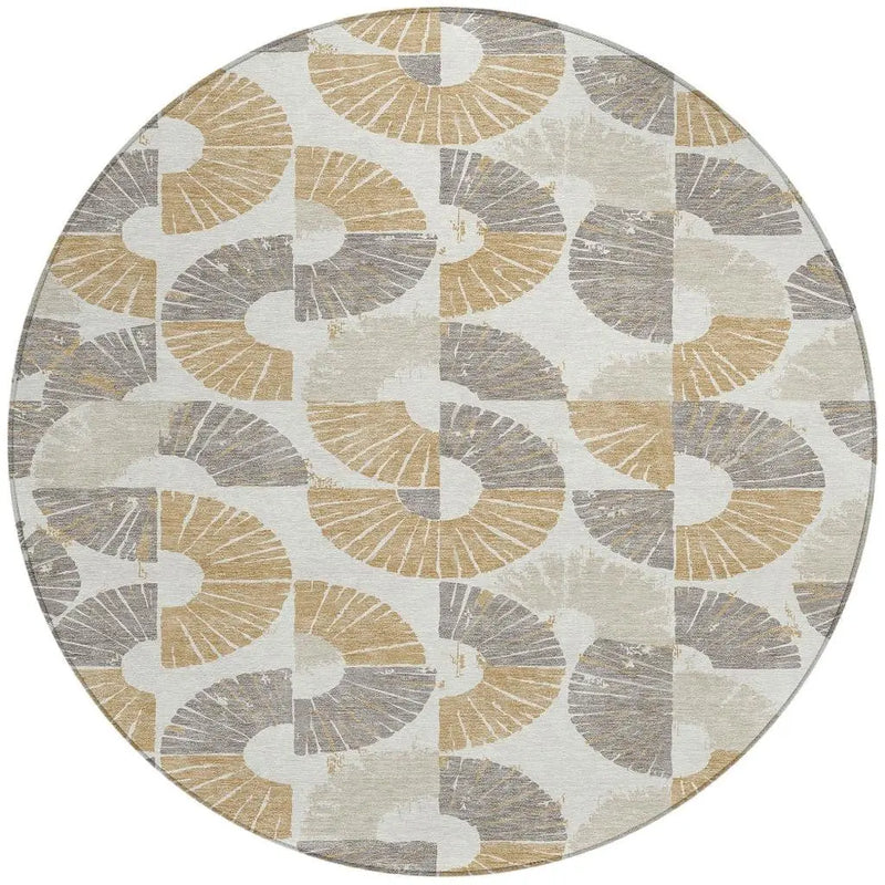 8' Ivory And Gold Round Geometric Washable Indoor Outdoor Area Rug Homeroots Outdoor