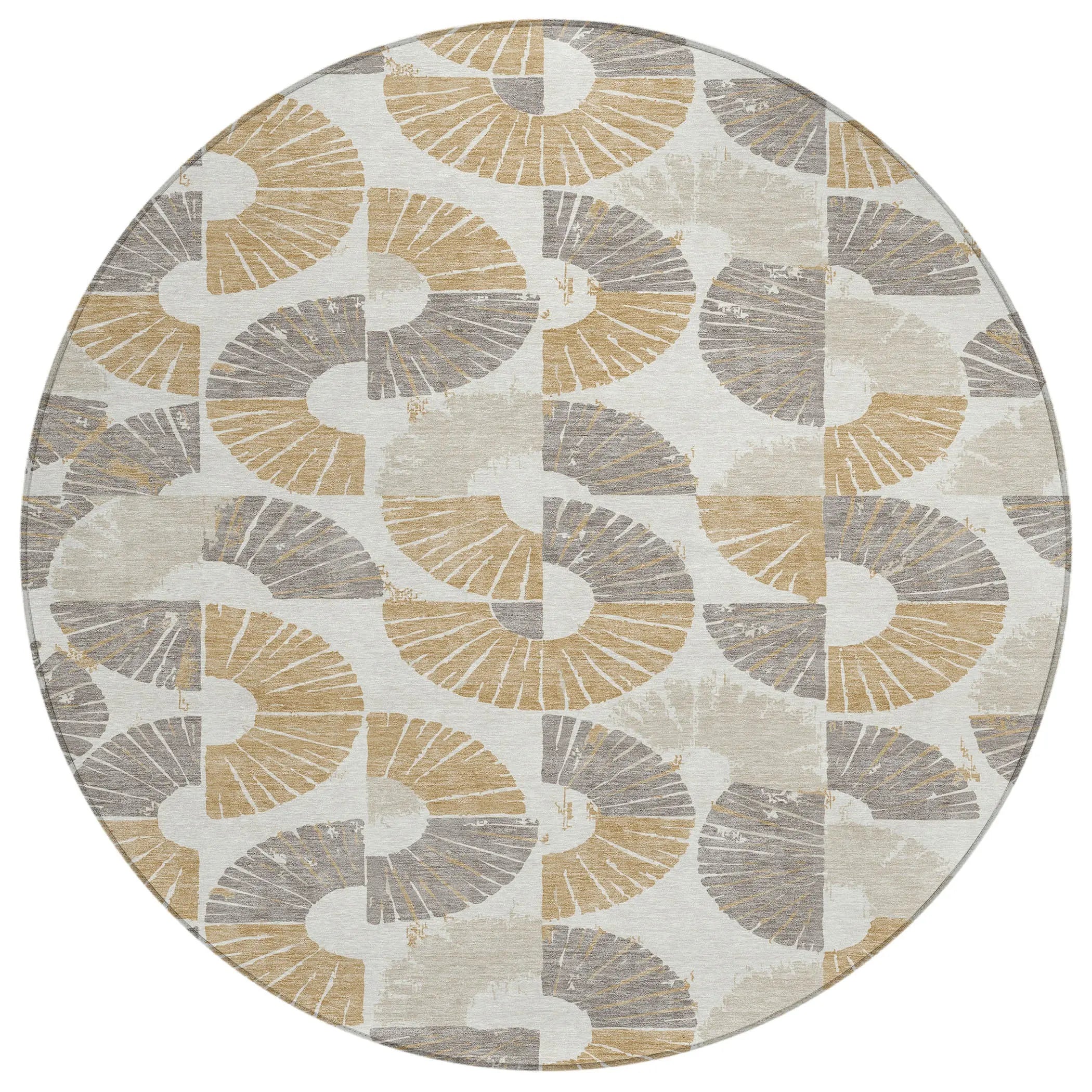 8' Ivory And Gold Round Geometric Washable Indoor Outdoor Area Rug Homeroots Outdoor