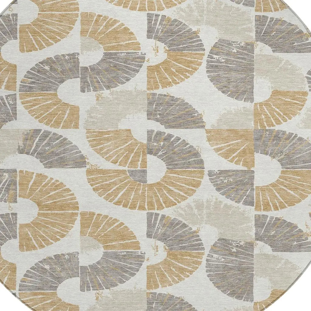 8' Ivory And Gold Round Geometric Washable Indoor Outdoor Area Rug Homeroots Outdoor