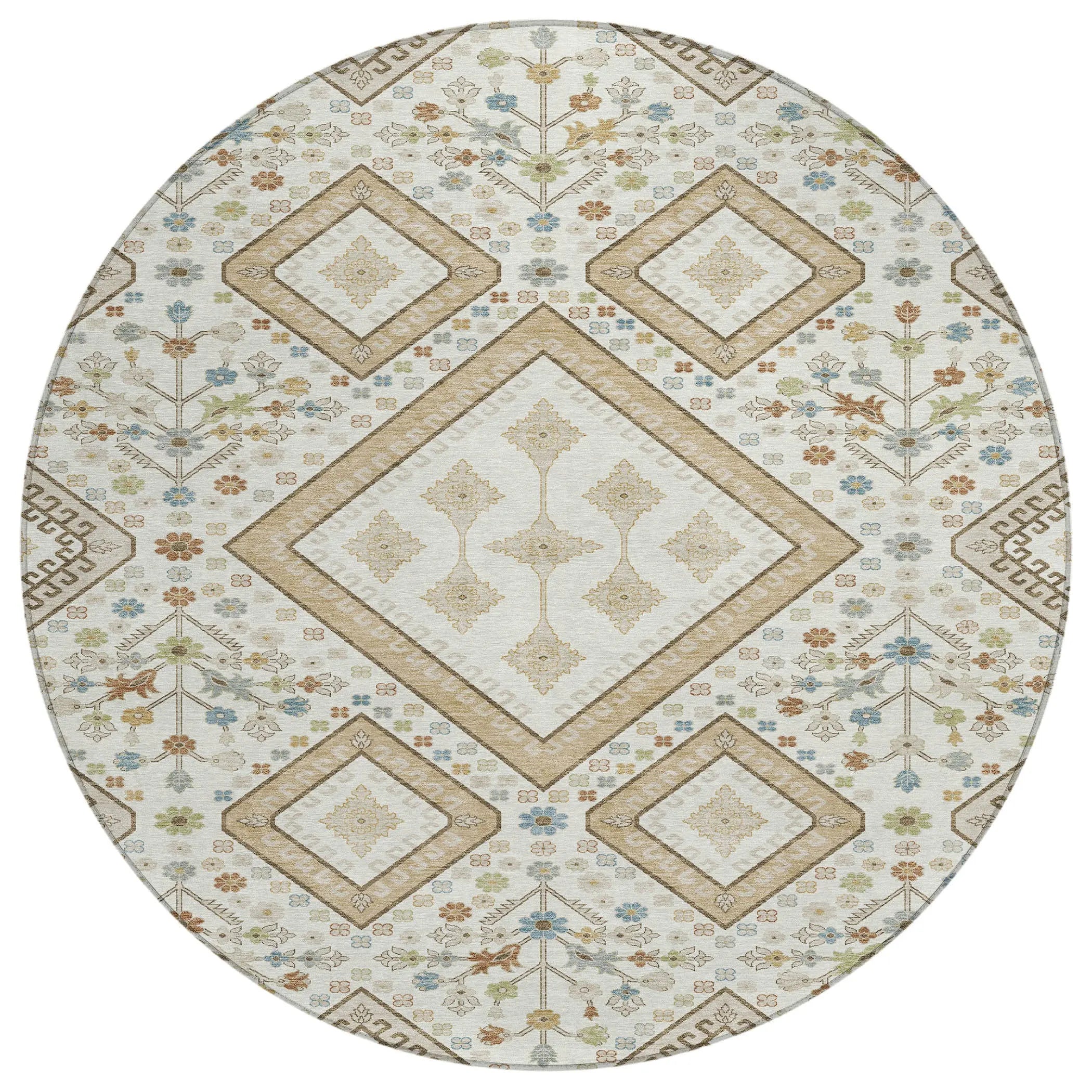 8' Ivory And Gold Round Medallion Washable Indoor Outdoor Area Rug Homeroots Outdoor