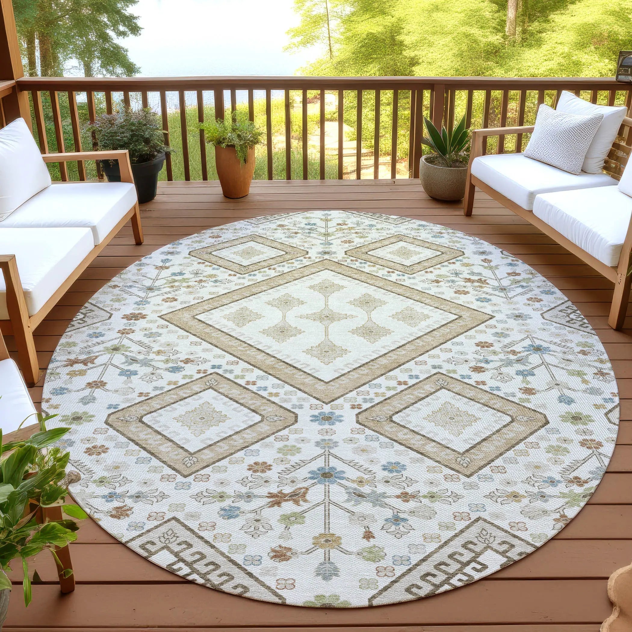 8' Ivory And Gold Round Medallion Washable Indoor Outdoor Area Rug Homeroots Outdoor