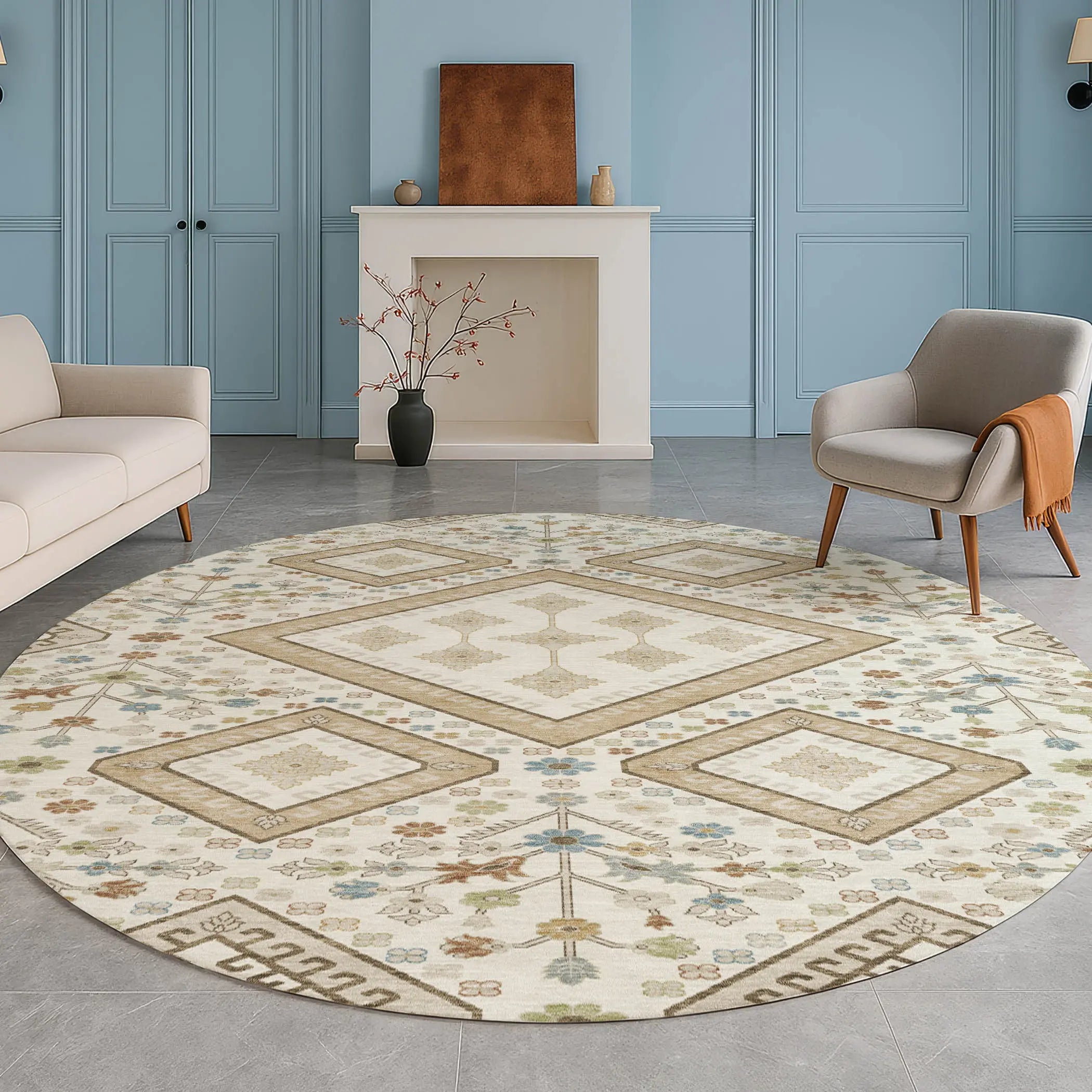 8' Ivory And Gold Round Medallion Washable Indoor Outdoor Area Rug Homeroots Outdoor