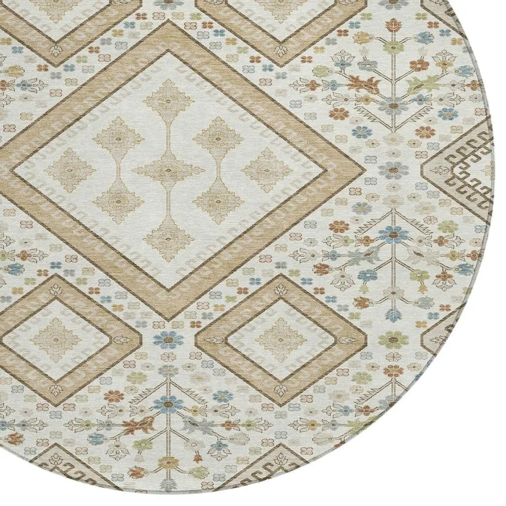 8' Ivory And Gold Round Medallion Washable Indoor Outdoor Area Rug Homeroots Outdoor