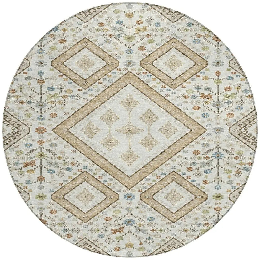8' Ivory And Gold Round Medallion Washable Indoor Outdoor Area Rug Homeroots Outdoor