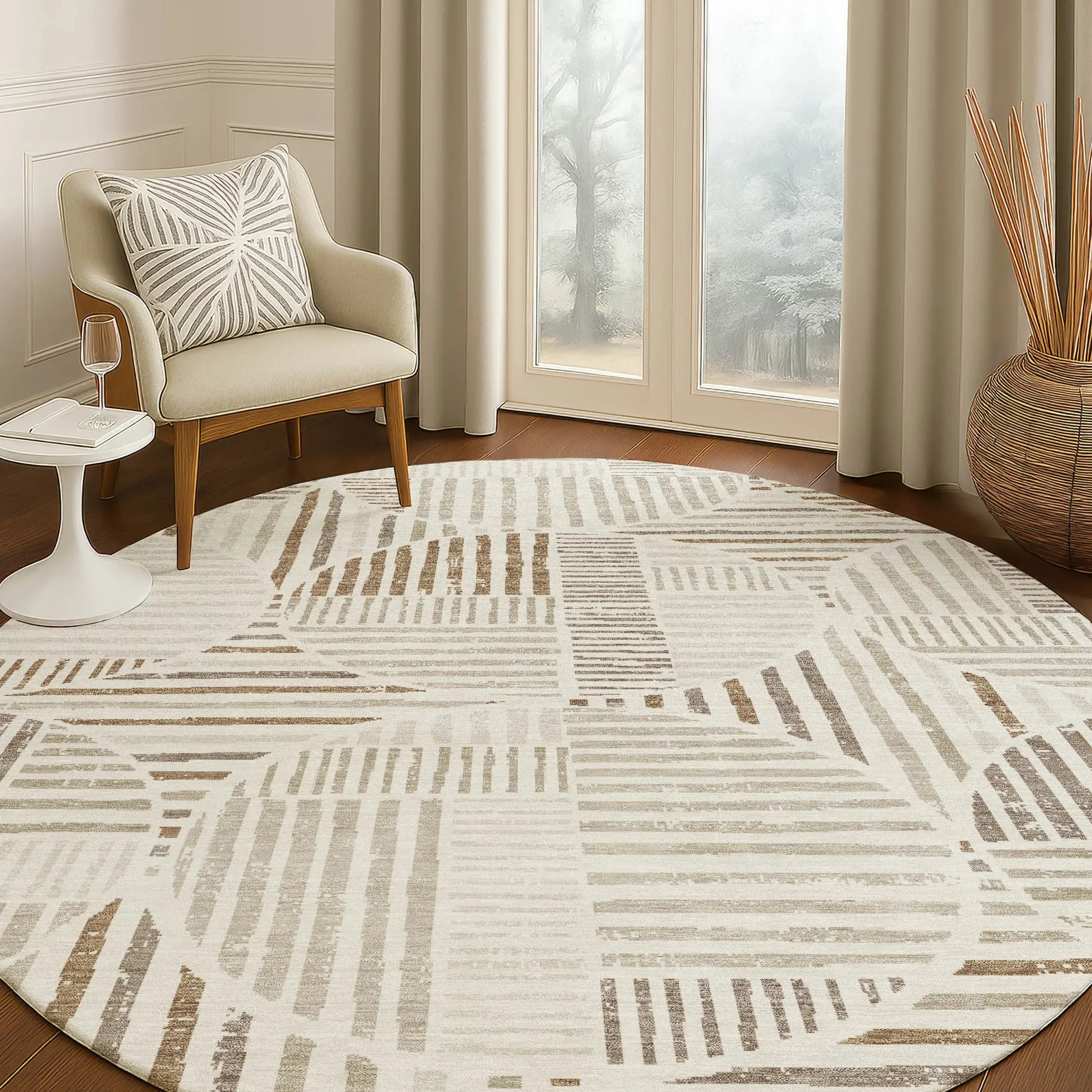 8' Ivory And Graphite Round Geometric Washable Indoor Outdoor Area Rug Homeroots Outdoor
