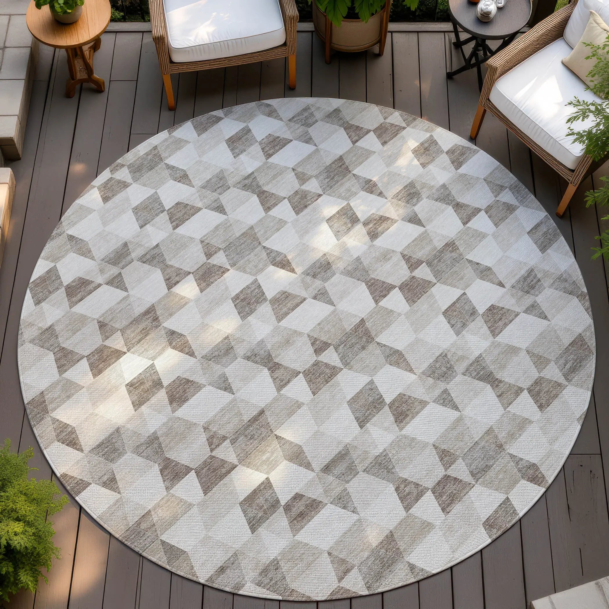 8' Ivory And Graphite Round Geometric Washable Indoor Outdoor Area Rug Homeroots Outdoor