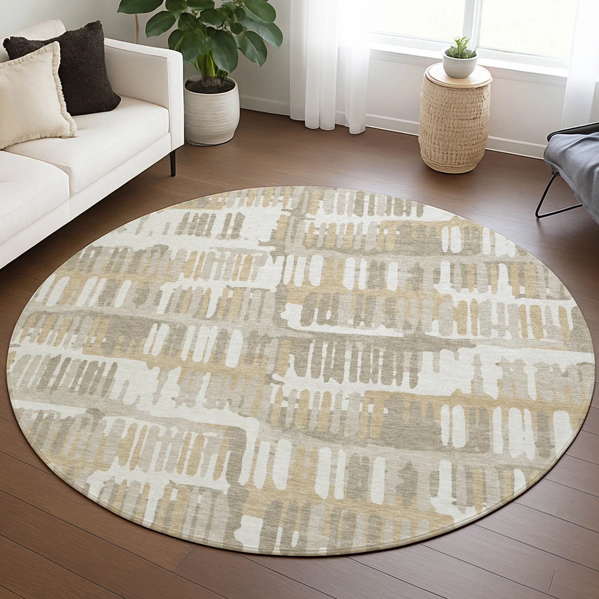 8' Ivory And Gray Round Abstract Washable Indoor Outdoor Area Rug Homeroots Outdoor