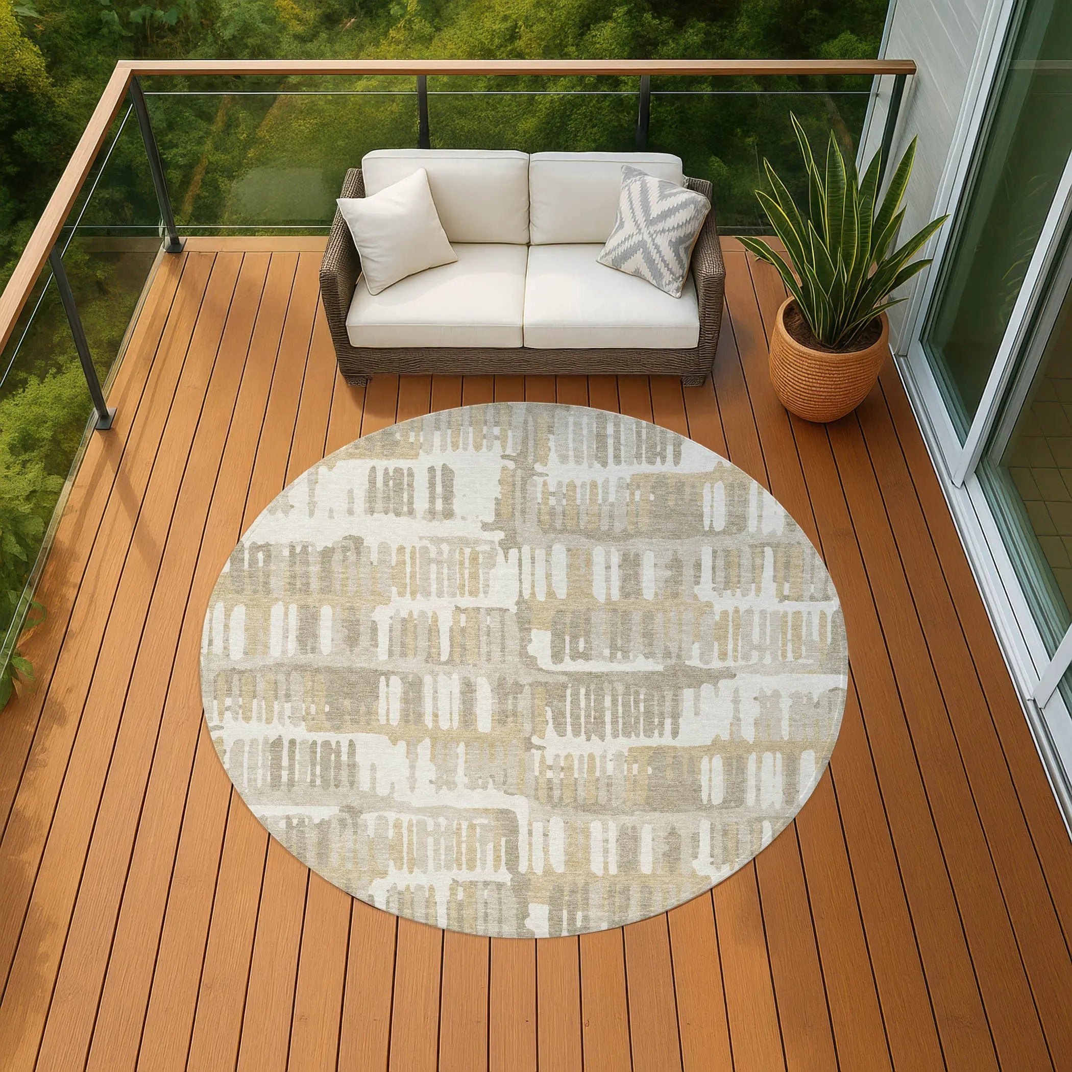 8' Ivory And Gray Round Abstract Washable Indoor Outdoor Area Rug Homeroots Outdoor