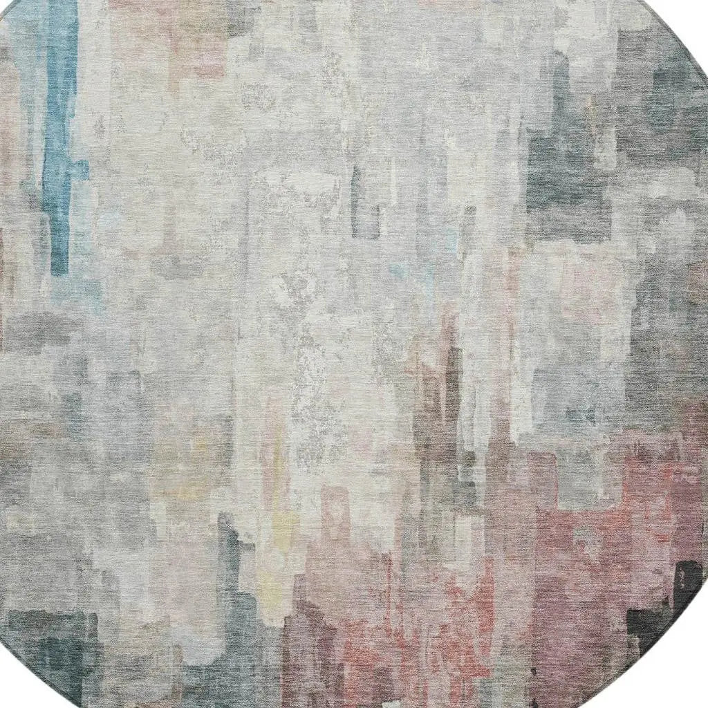8' Ivory And Gray Round Abstract Washable Indoor Outdoor Area Rug Homeroots Outdoor