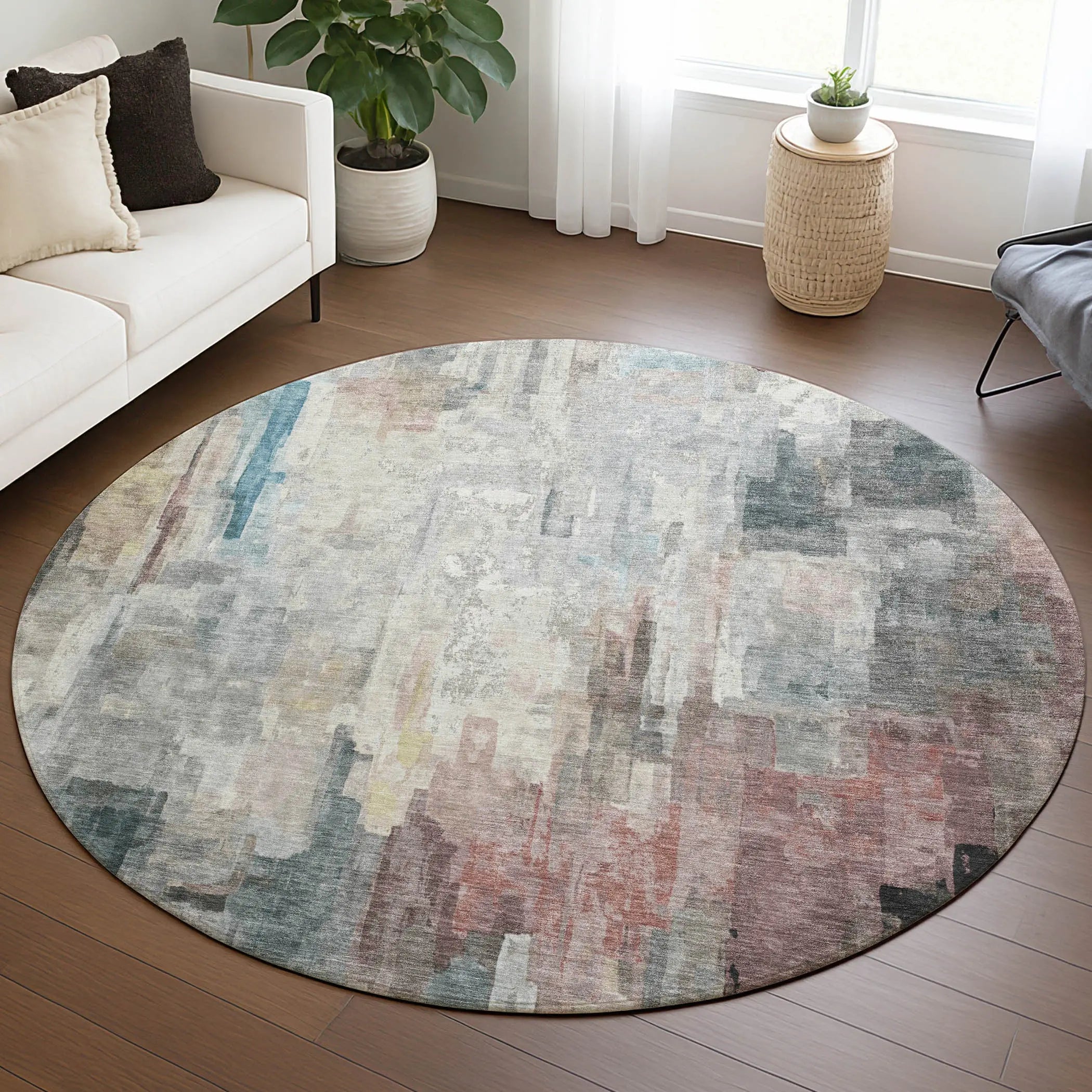 8' Ivory And Gray Round Abstract Washable Indoor Outdoor Area Rug Homeroots Outdoor