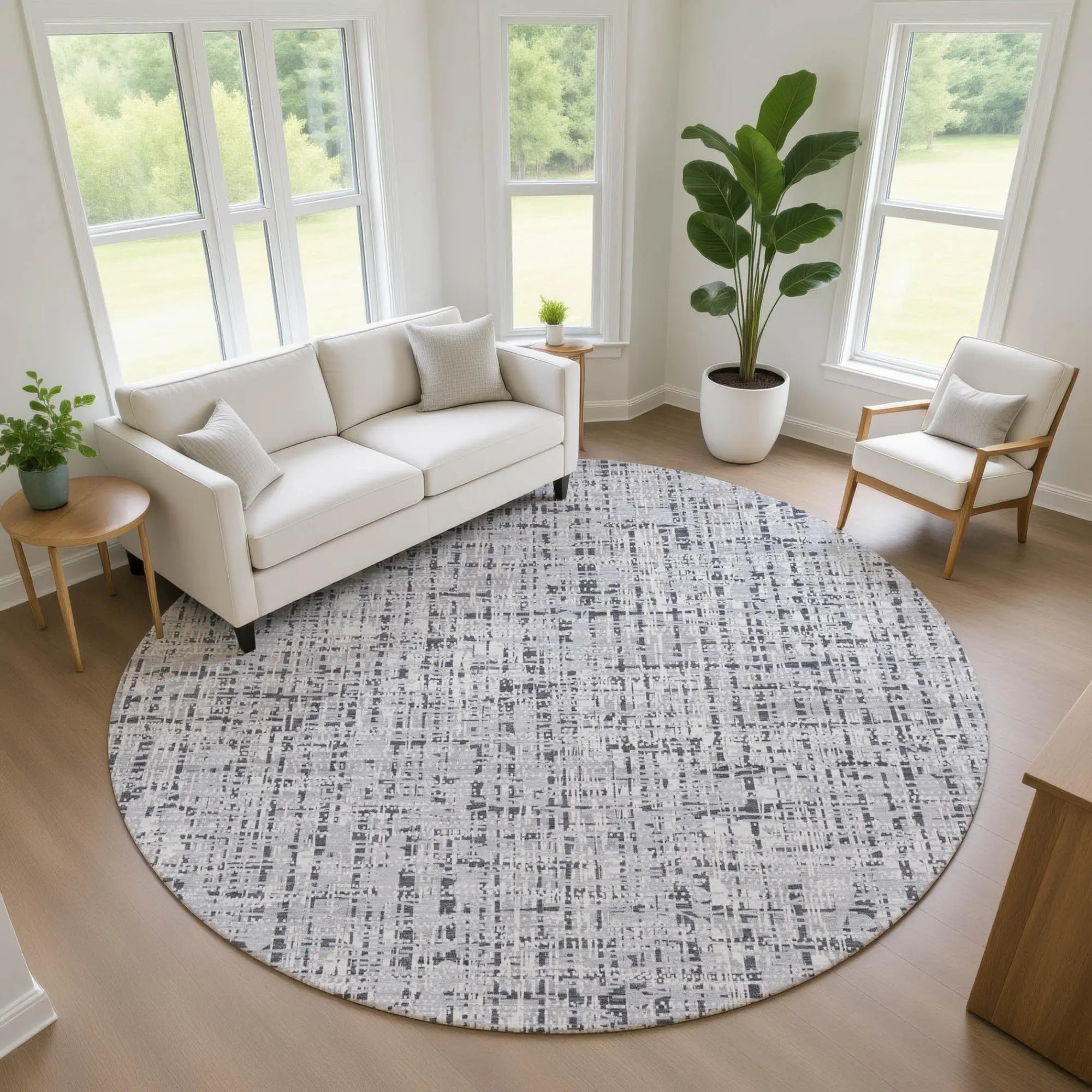 8' Ivory And Gray Round Abstract Washable Indoor Outdoor Area Rug Homeroots Outdoor