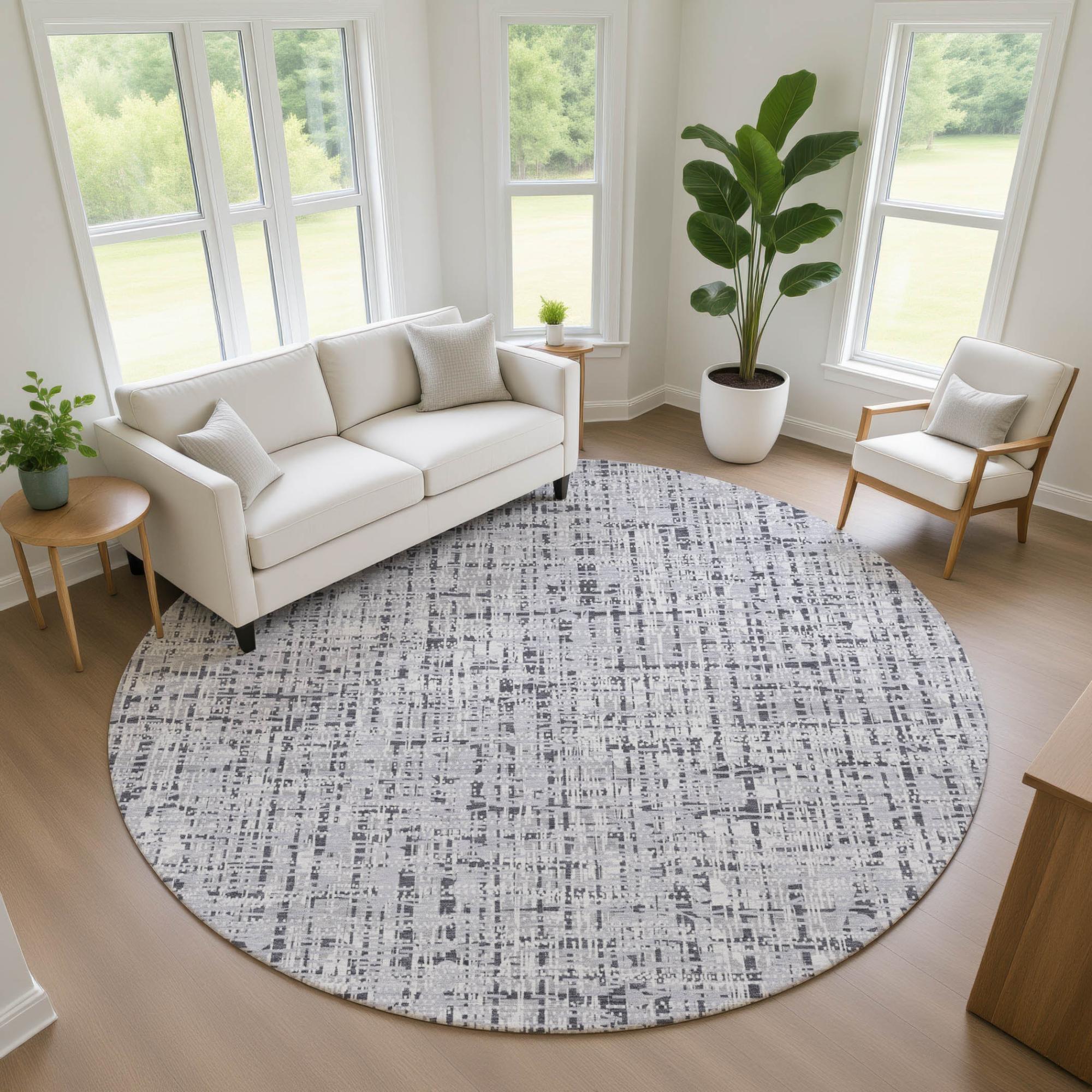 8' Ivory And Gray Round Abstract Washable Indoor Outdoor Area Rug Homeroots Outdoor
