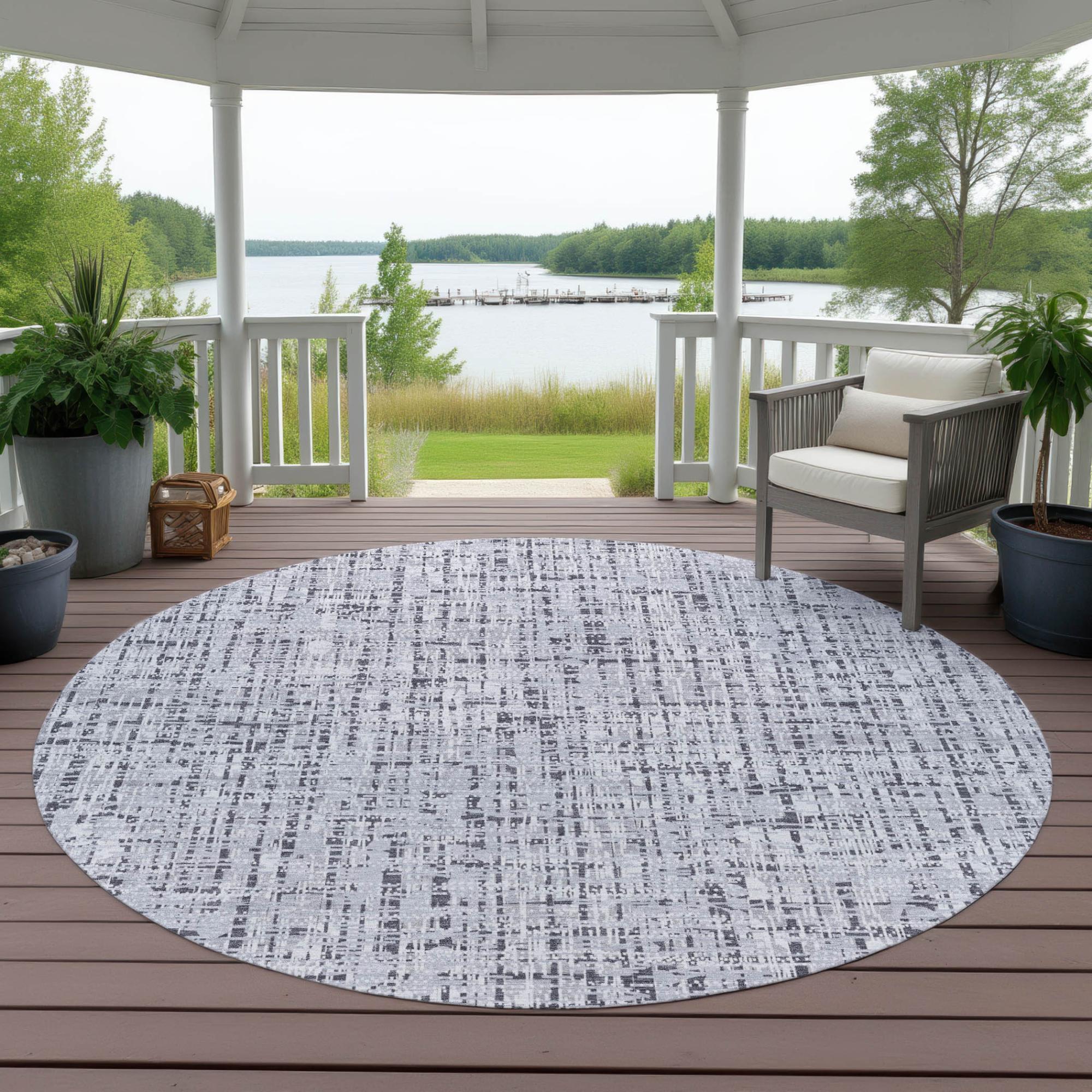 8' Ivory And Gray Round Abstract Washable Indoor Outdoor Area Rug Homeroots Outdoor