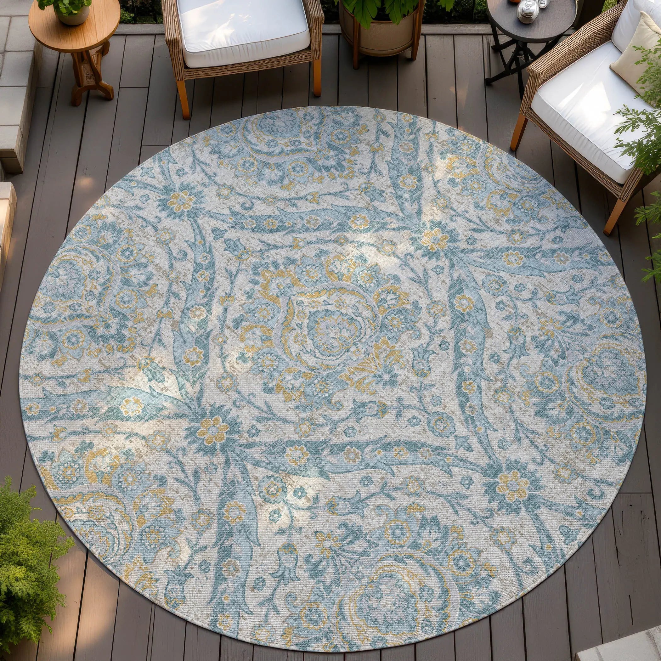 8' Ivory And Gray Round Floral Washable Indoor Outdoor Area Rug Homeroots Outdoor