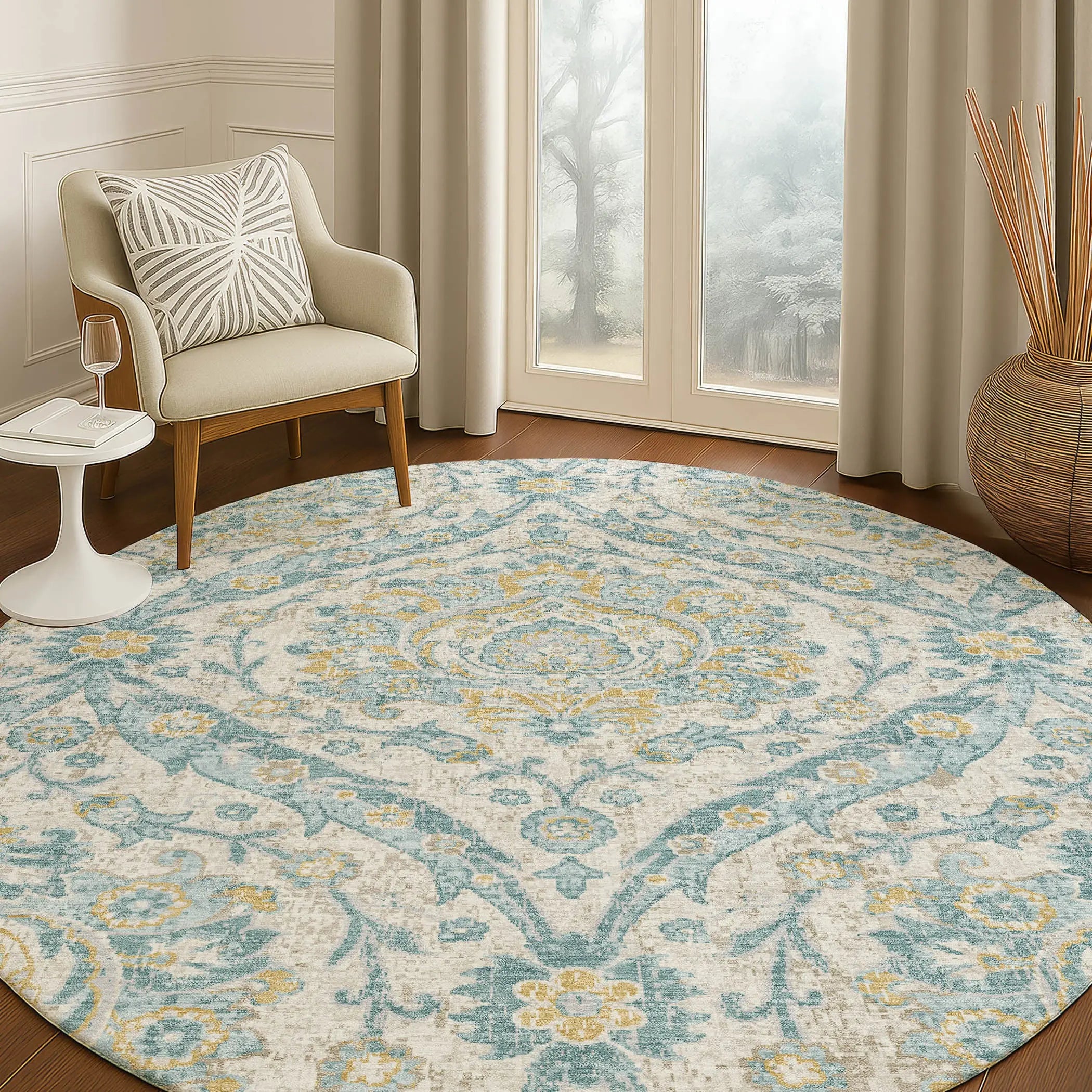 8' Ivory And Gray Round Floral Washable Indoor Outdoor Area Rug Homeroots Outdoor