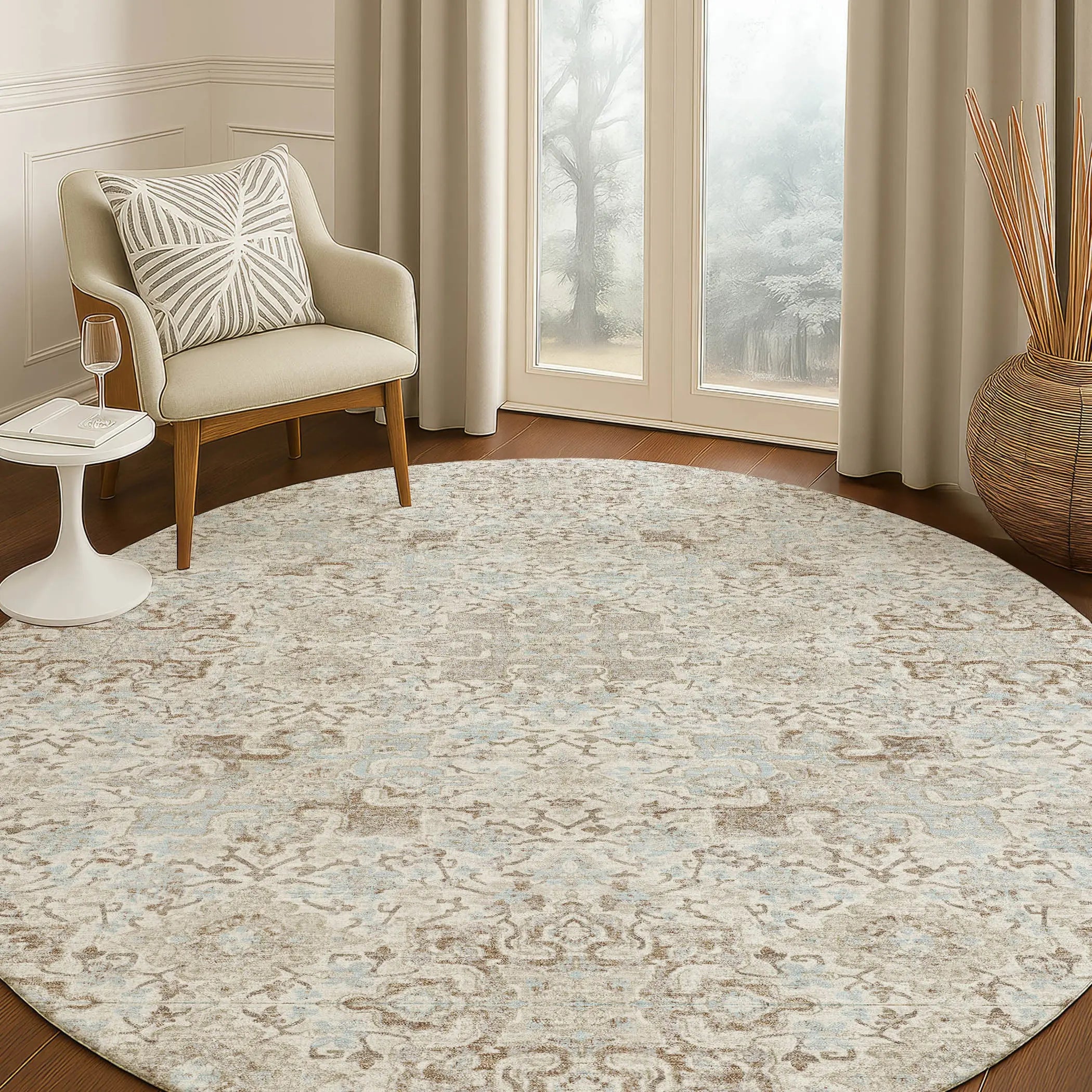8' Ivory And Gray Round Oriental Washable Indoor Outdoor Area Rug Homeroots Outdoor