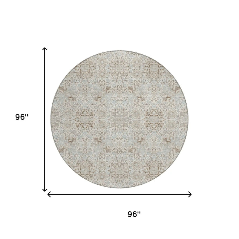 8' Ivory And Gray Round Oriental Washable Indoor Outdoor Area Rug Homeroots Outdoor