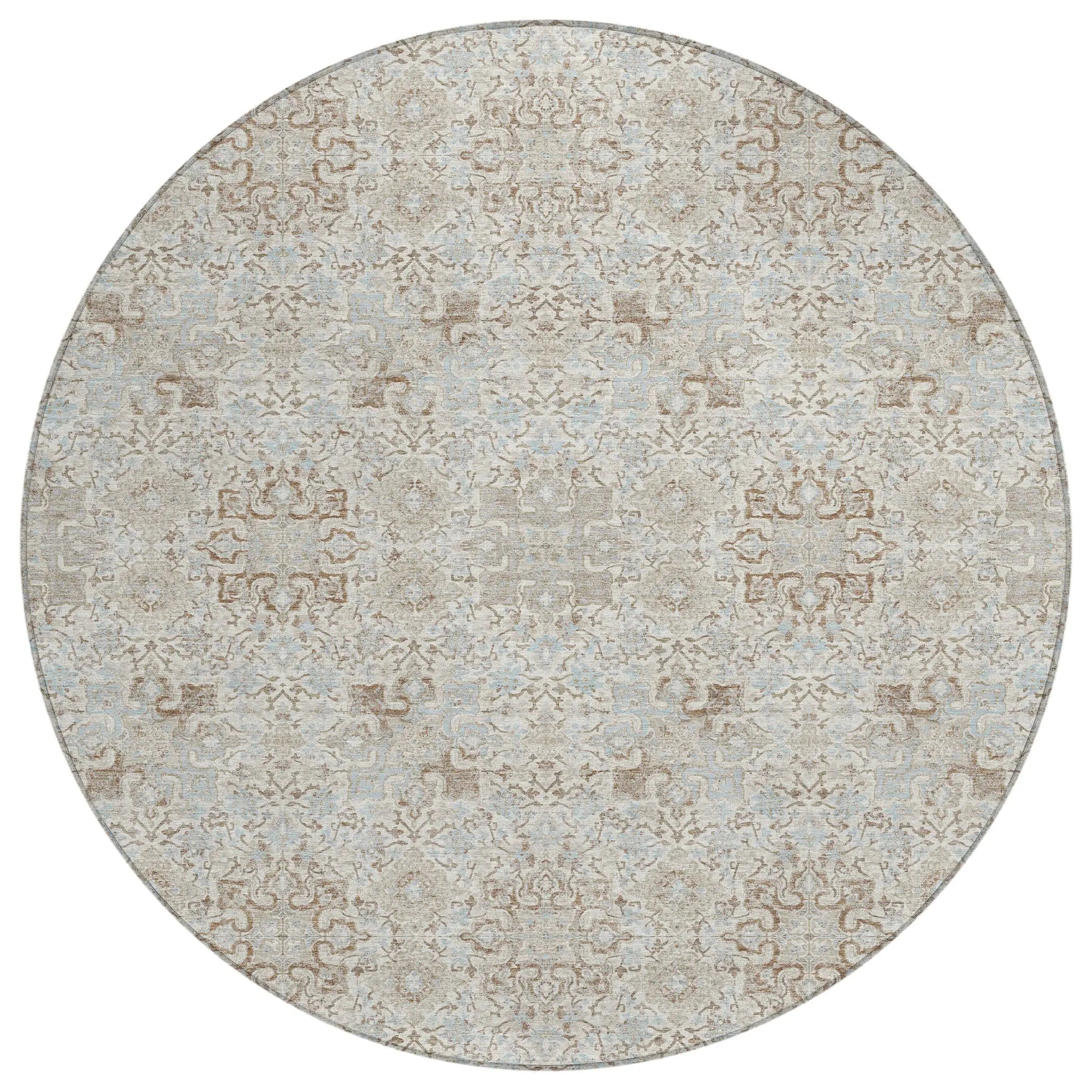 8' Ivory And Gray Round Oriental Washable Indoor Outdoor Area Rug Homeroots Outdoor