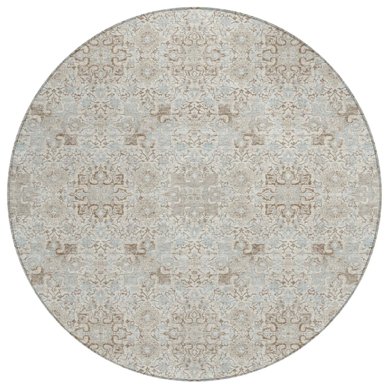 8' Ivory And Gray Round Oriental Washable Indoor Outdoor Area Rug Homeroots Outdoor