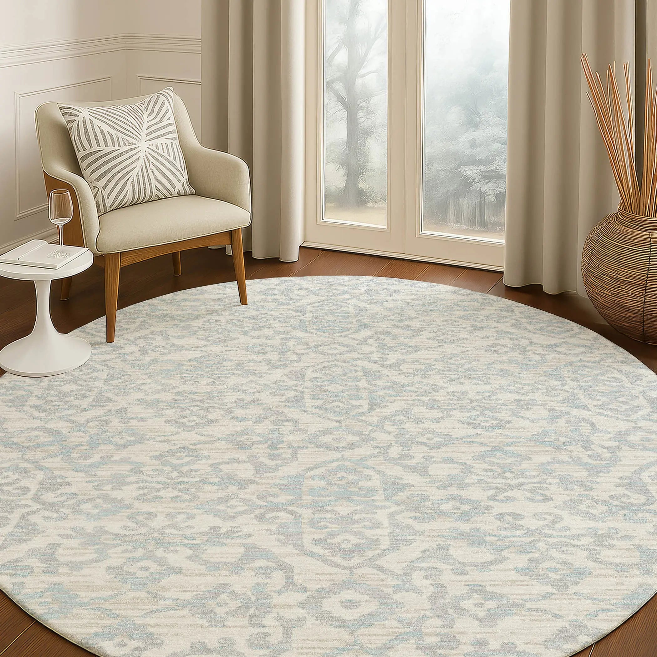 8' Ivory And Gray Round Oriental Washable Indoor Outdoor Area Rug Homeroots Outdoor