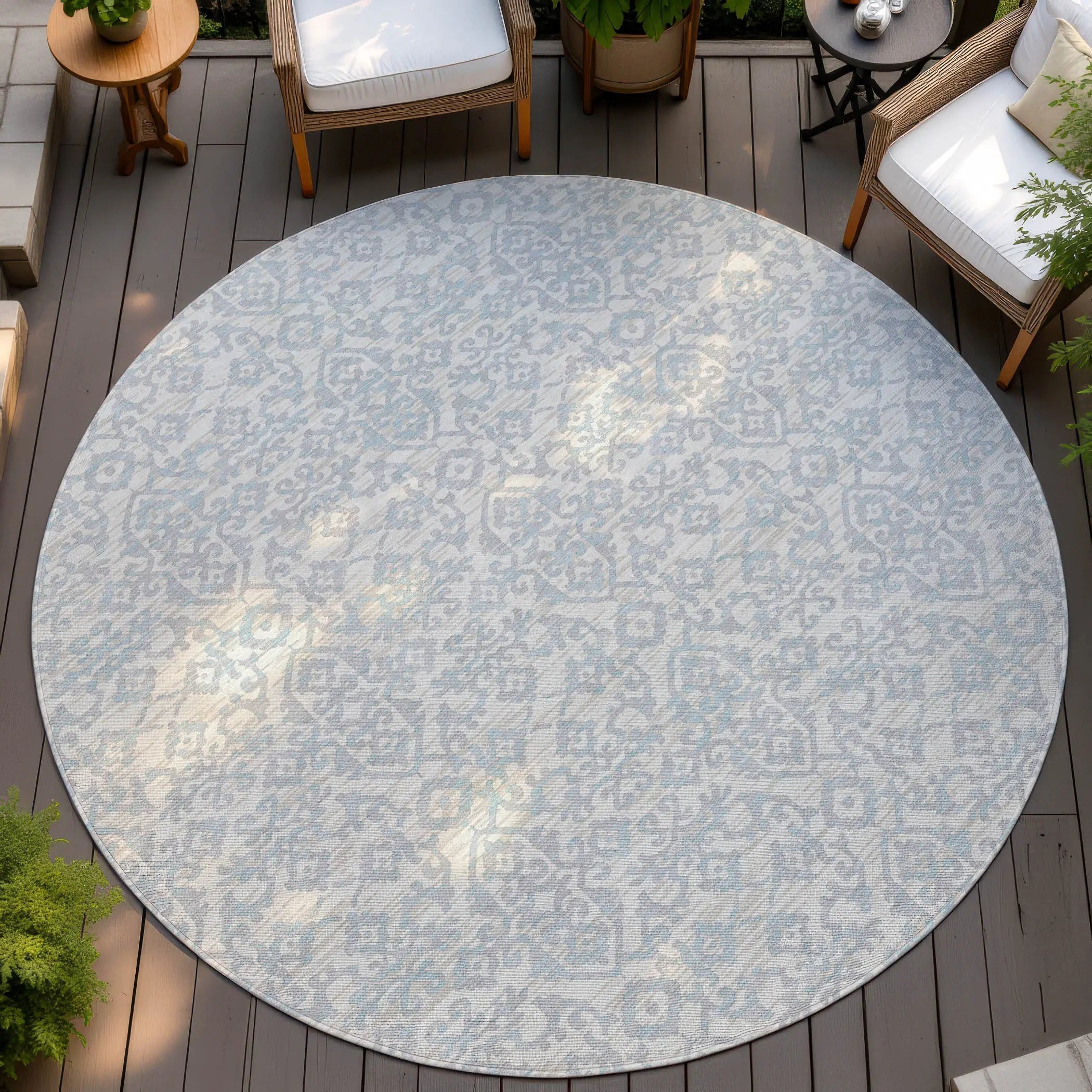 8' Ivory And Gray Round Oriental Washable Indoor Outdoor Area Rug Homeroots Outdoor
