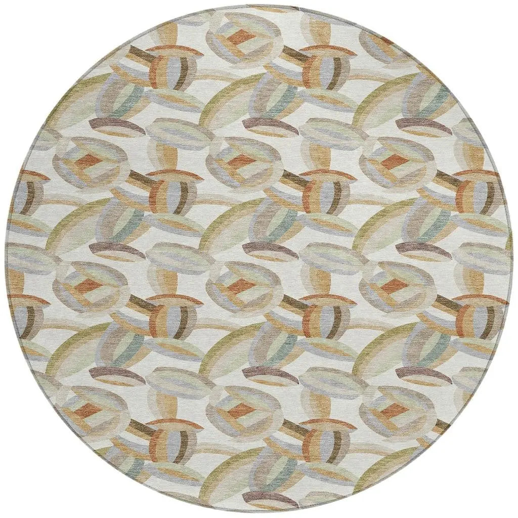 8' Ivory And Green Round Abstract Washable Indoor Outdoor Area Rug Homeroots Outdoor