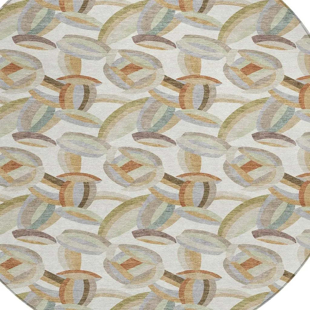 8' Ivory And Green Round Abstract Washable Indoor Outdoor Area Rug Homeroots Outdoor