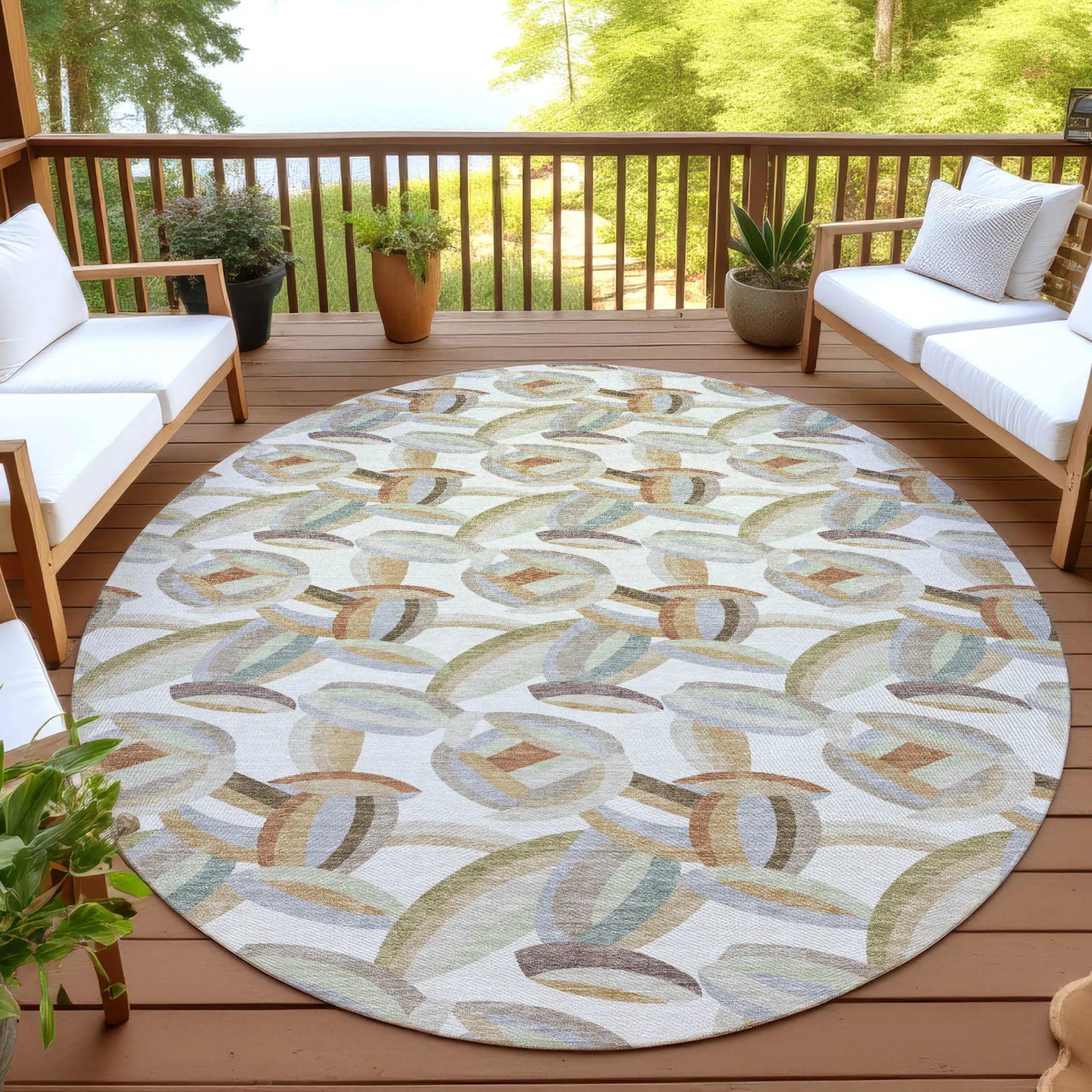 8' Ivory And Green Round Abstract Washable Indoor Outdoor Area Rug Homeroots Outdoor