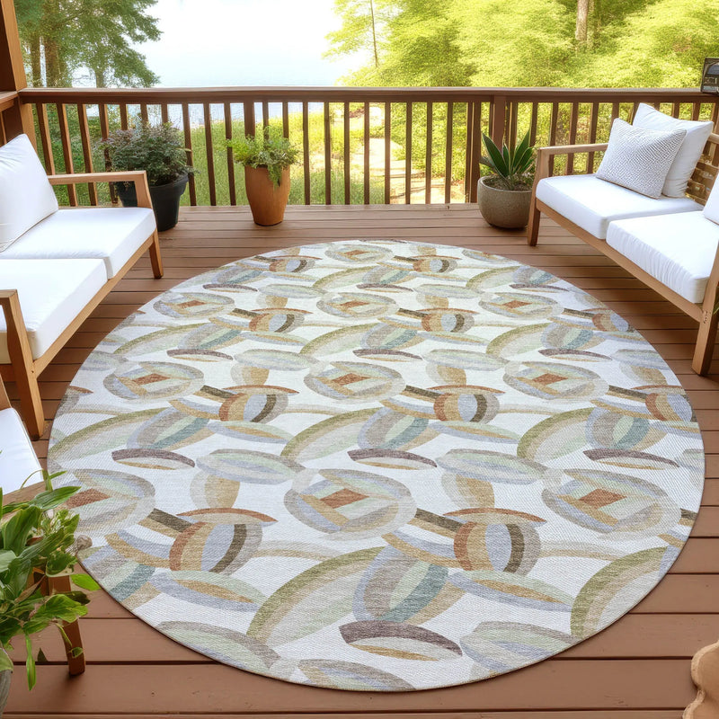 8' Ivory And Green Round Abstract Washable Indoor Outdoor Area Rug Homeroots Outdoor